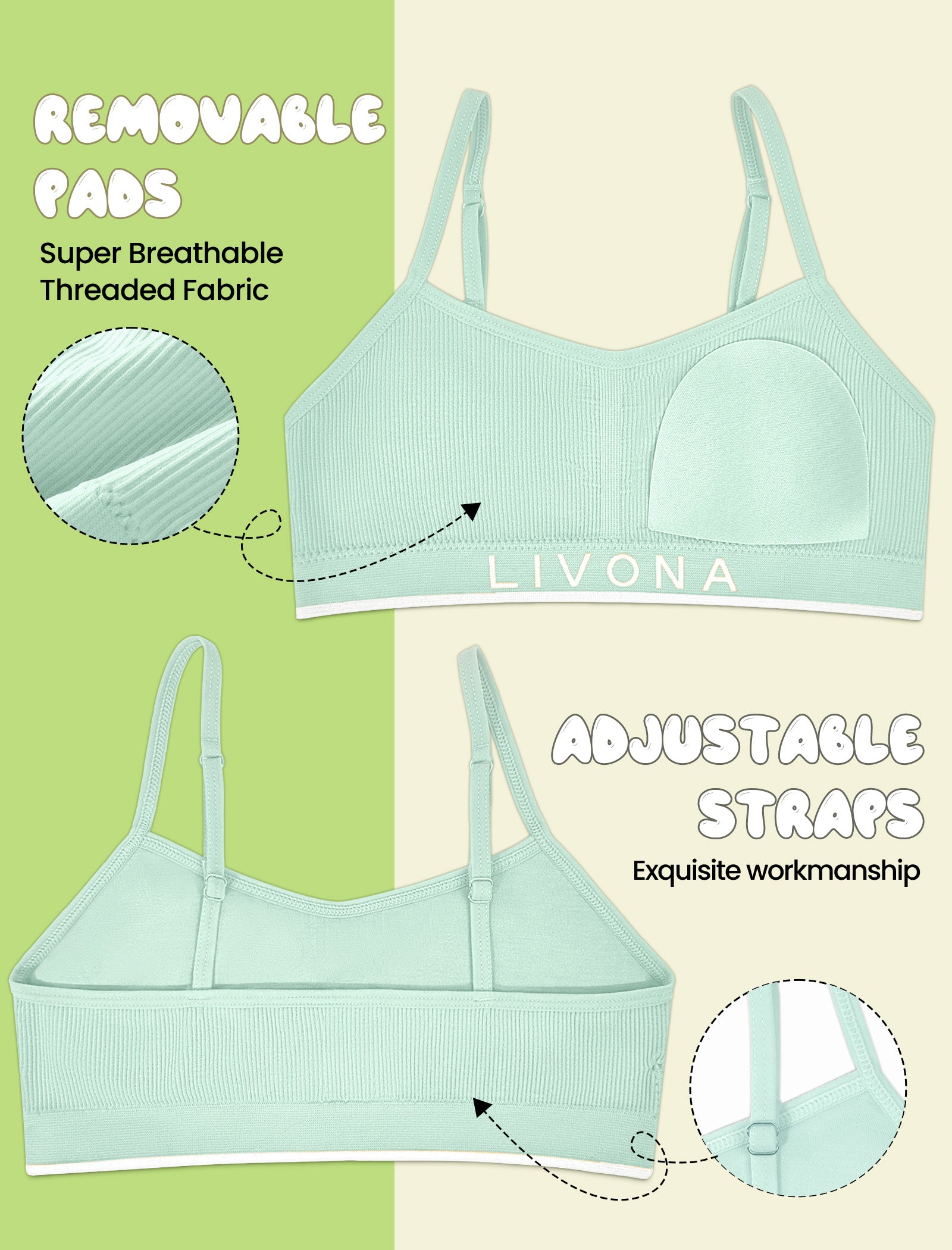 Livona 6 Pack Training Bras for Girls-Sports Bra for Teen Ribbed Wireless Bralette Fitness Padded Crop Cami Tank Top(6-14)