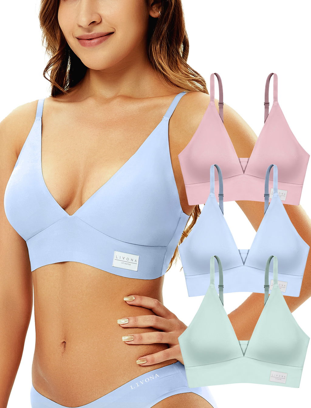 Livona 3 Pack Women's Seamless Sports Bra Vneck Wirefree with Removable Pads Everyday Soft Invisible Lounge Cami Bralette S-XXL