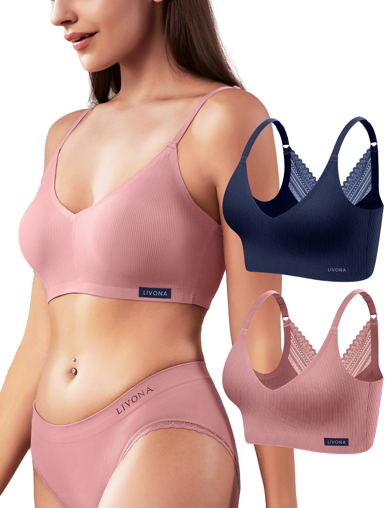 Livona Wireless Bras for Women - 2 Pack Comfort Bralettes with Support Adjustable Seamless Sports Bras Lace Cami Crop S-XXL