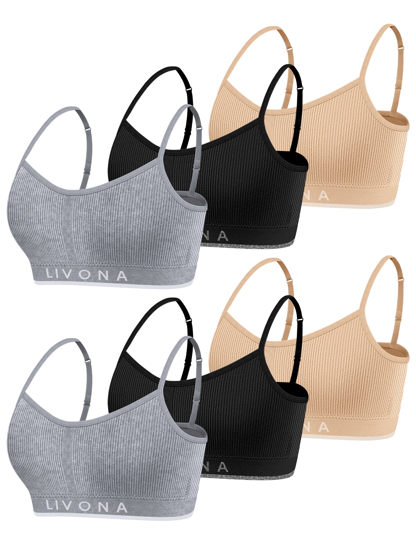 Livona 6 Pack Training Bras for Girls-Sports Bra for Teen Ribbed Wireless Bralette Fitness Padded Crop Cami Tank Top(6-14)