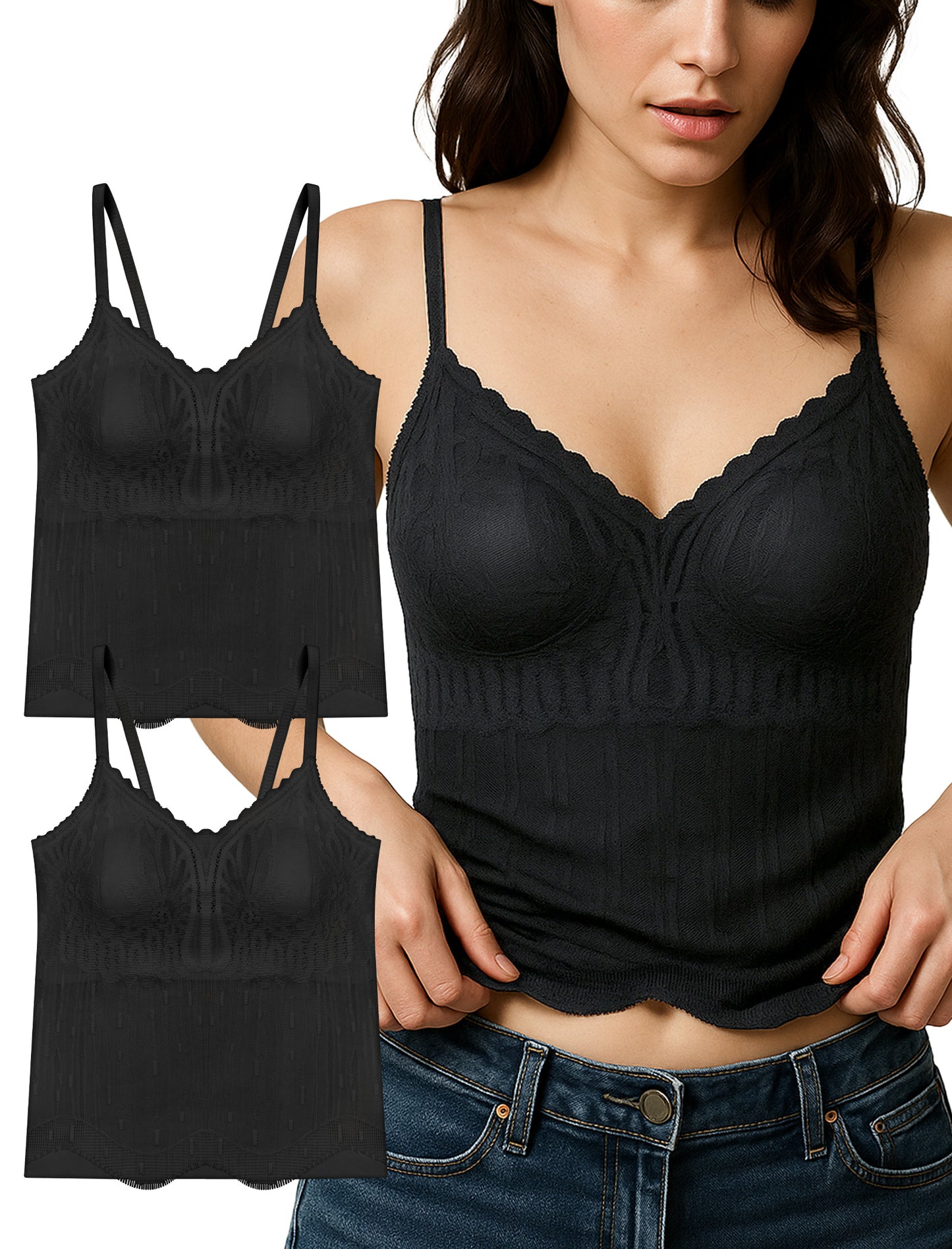 Livona Women's Lace Cami Top - Adjustable Spaghetti Straps Wireless Comfort Padded Tank for Sleep Lounge