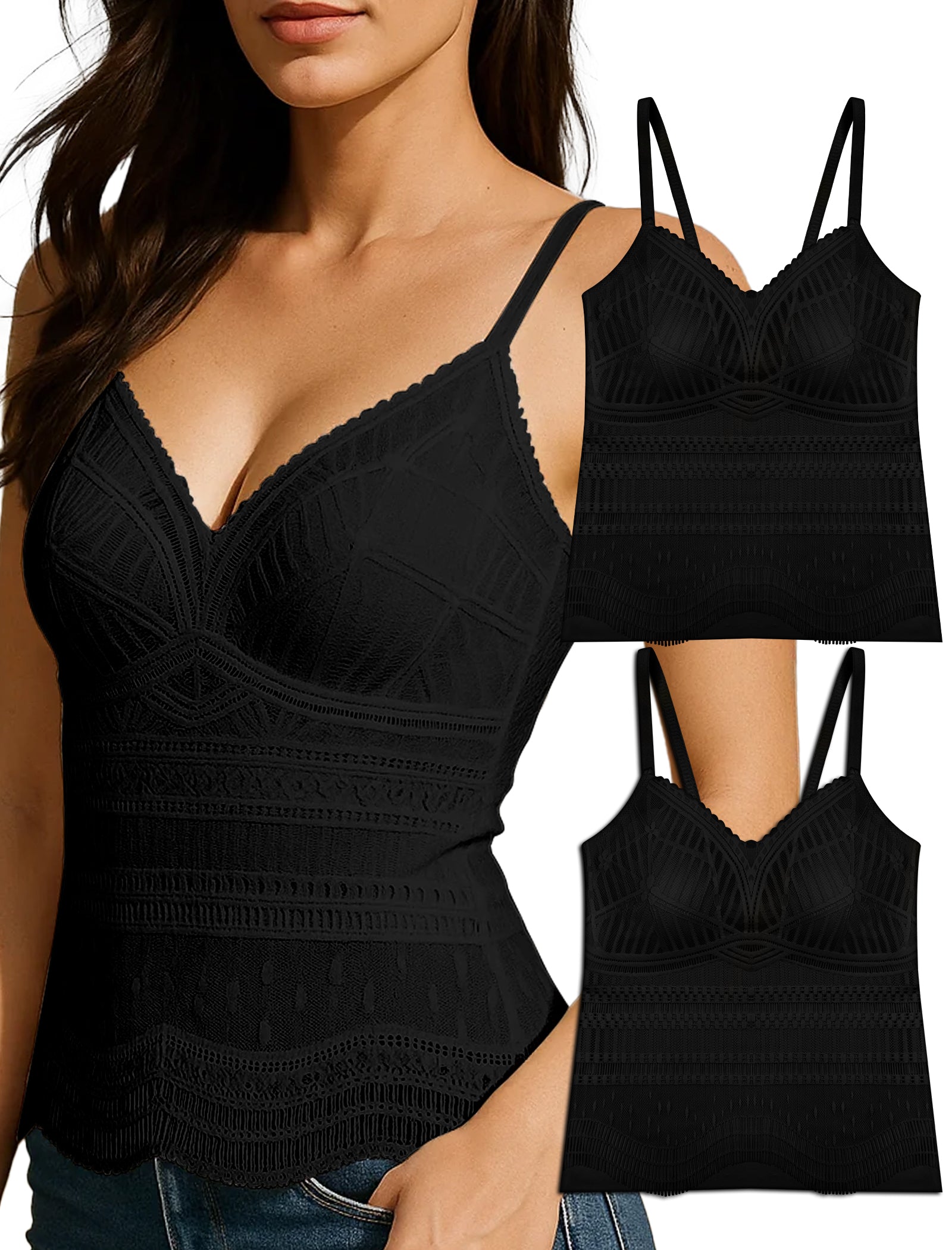 Livona Women's Lace Camisole with Built-in Bra, Wireless Comfort, Adjustable Spaghetti Straps – Soft Padded Tank Top