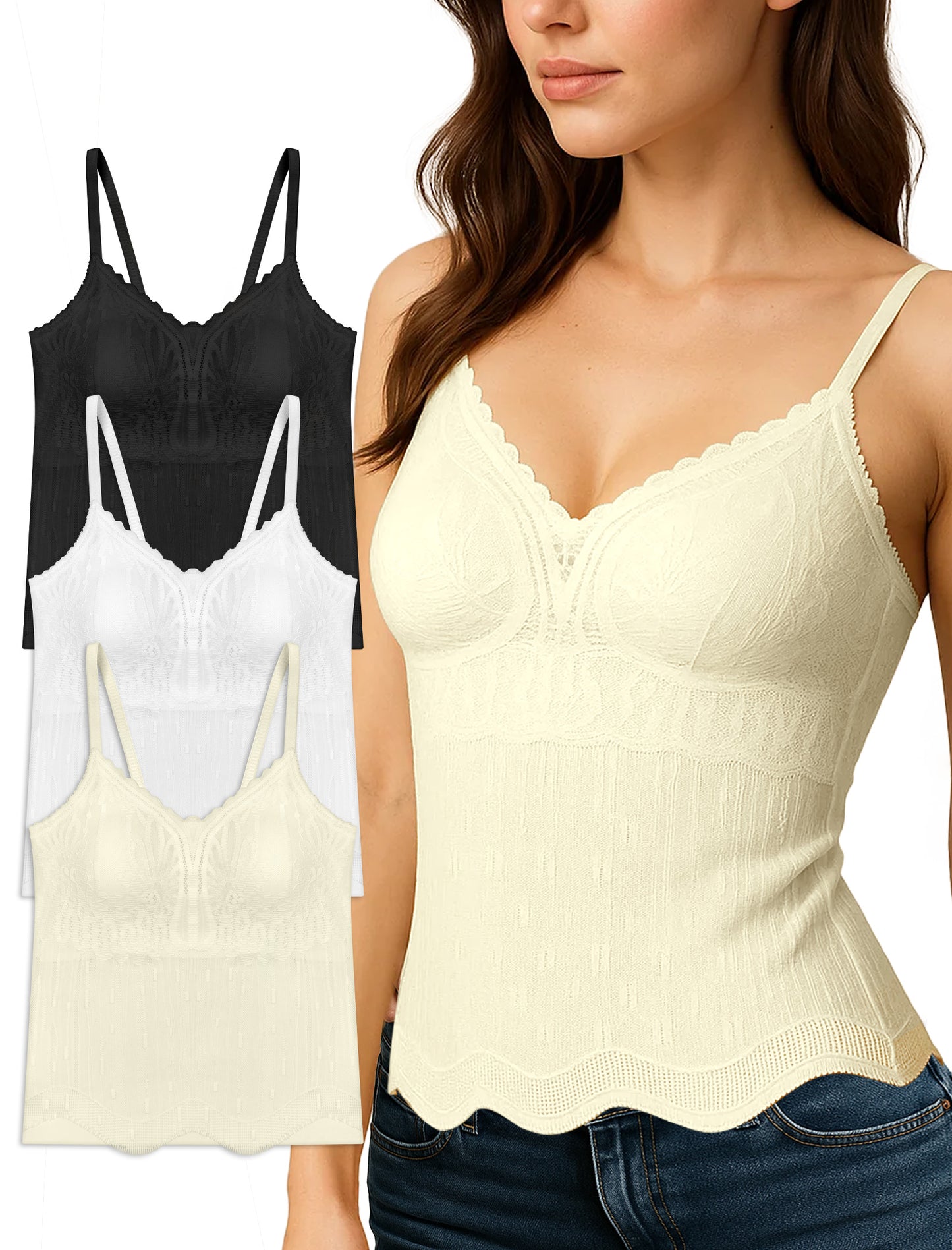 Livona Women's Lace Cami Top - Adjustable Spaghetti Straps Wireless Comfort Padded Tank for Sleep Lounge