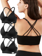 4Leezy Sports Bras for Women - 3 Pack Ribbed Wireless Soft Workout Tops Padded Bralettes Racerback Comfort Cami Crop S-XXL