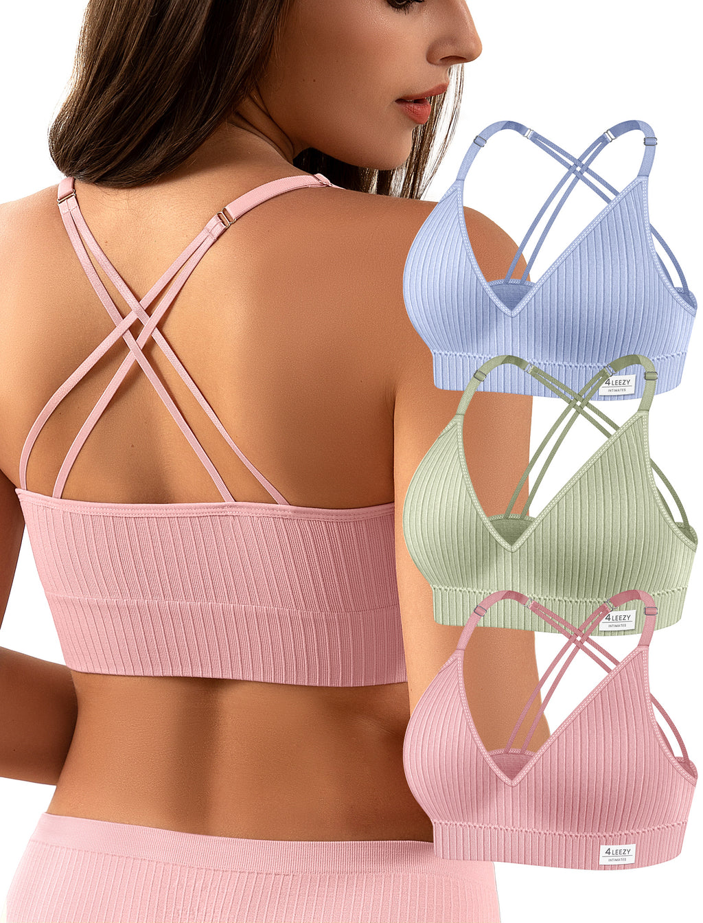 4Leezy Sports Bras for Women - 3 Pack Ribbed Wireless Soft Workout Tops Padded Bralettes Racerback Comfort Cami Crop S-XXL