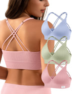 4Leezy Sports Bras for Women - 3 Pack Ribbed Wireless Soft Workout Tops Padded Bralettes Racerback Comfort Cami Crop S-XXL