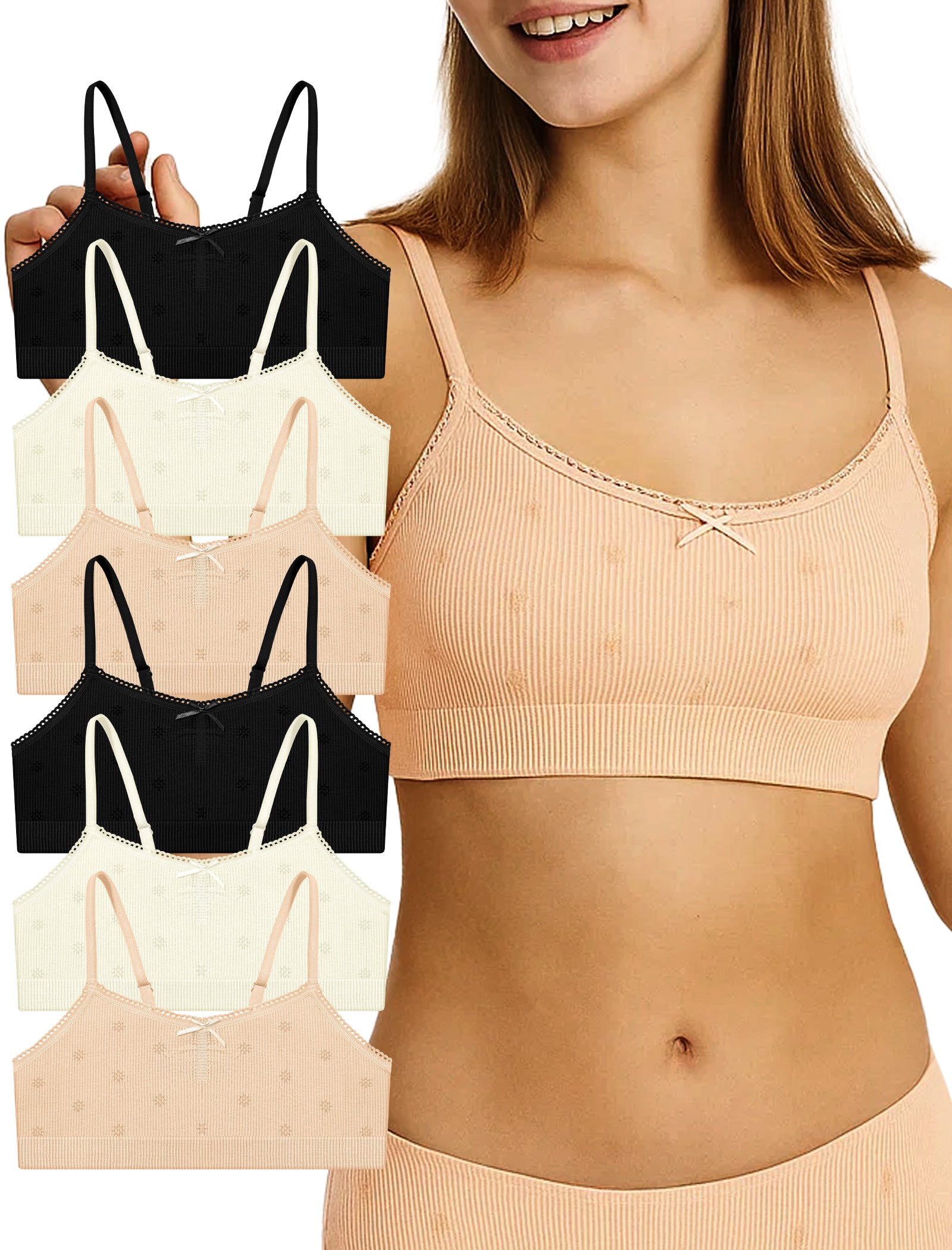 Livona 6 Pack Seamless Girls Bralette – Soft Ribbed & Jacquard Design, No Padding – Effortless Comfort & Style