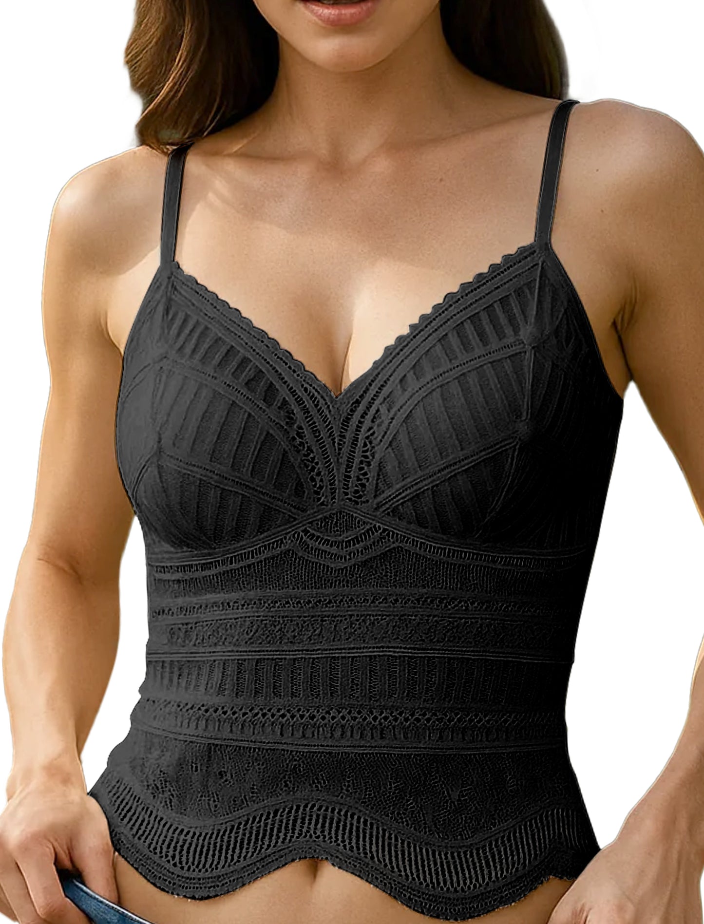 Livona Women's Lace Camisole with Built-in Bra, Wireless Comfort, Adjustable Spaghetti Straps – Soft Padded Tank Top