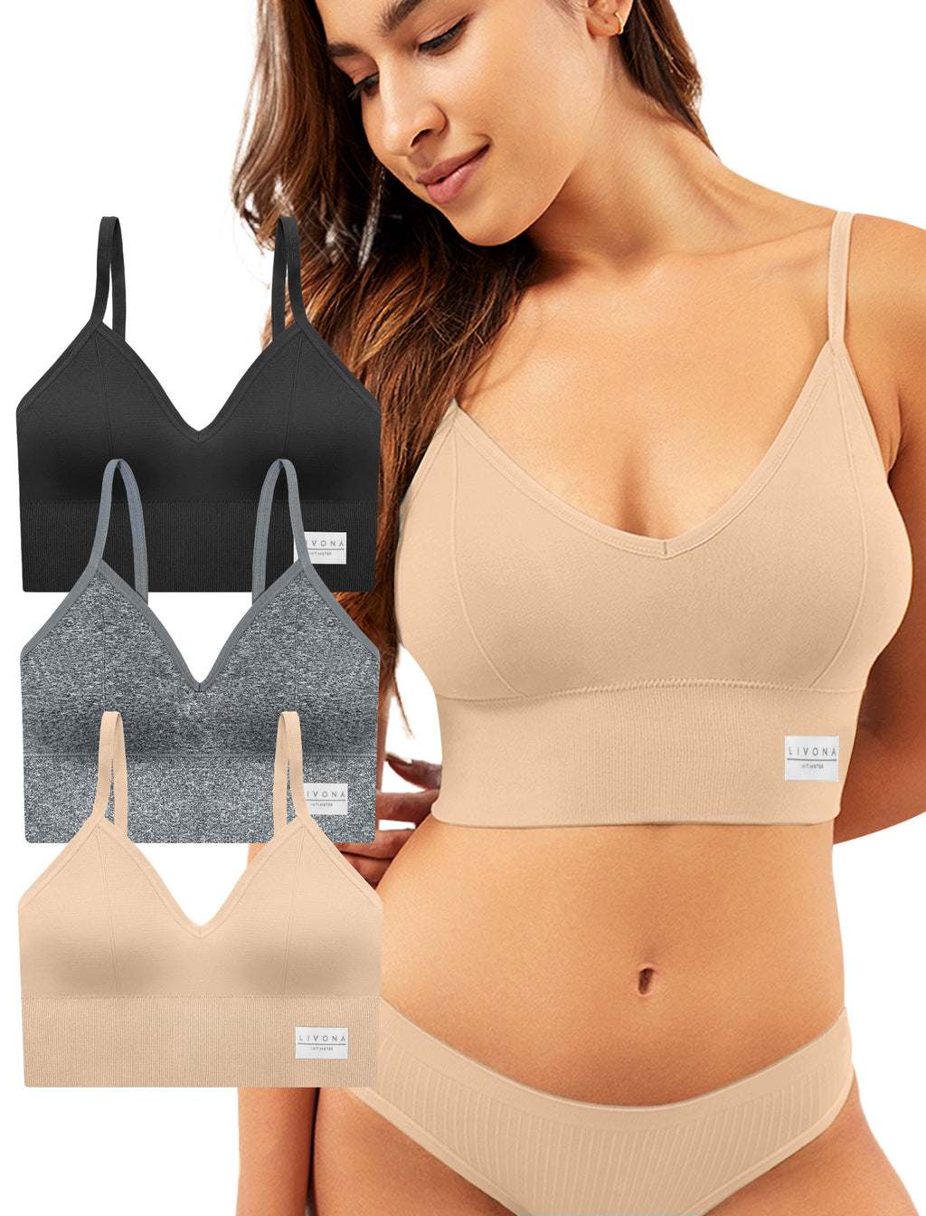 LIVONA 3 Pack Women's Seamless Sports Bra V-Neck Wirefree with Removable Pads Everyday Soft Invisible Lounge Cami Bralette S-XXL