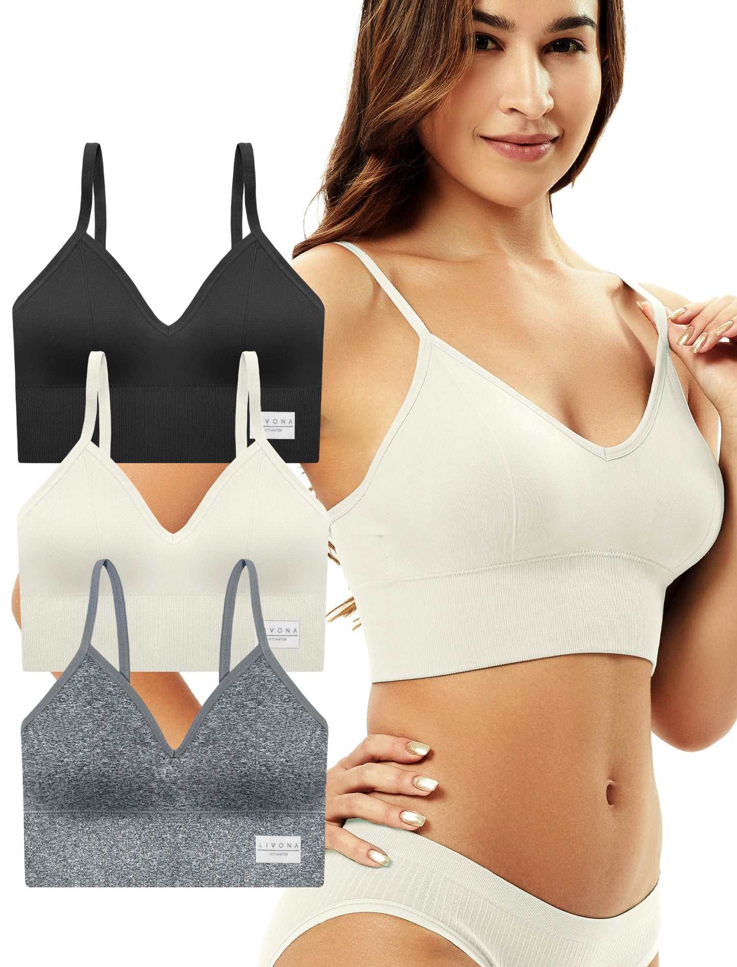 LIVONA 3 Pack Women's Seamless Sports Bra V-Neck Wirefree with Removable Pads Everyday Soft Invisible Lounge Cami Bralette S-XXL