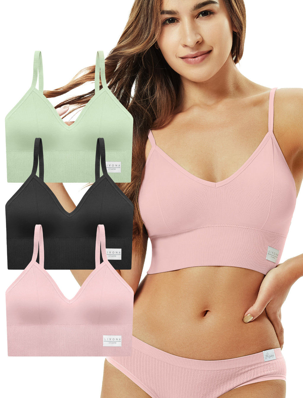 LIVONA 3 Pack Women's Seamless Sports Bra V-Neck Wirefree with Removable Pads Everyday Soft Invisible Lounge Cami Bralette S-XXL