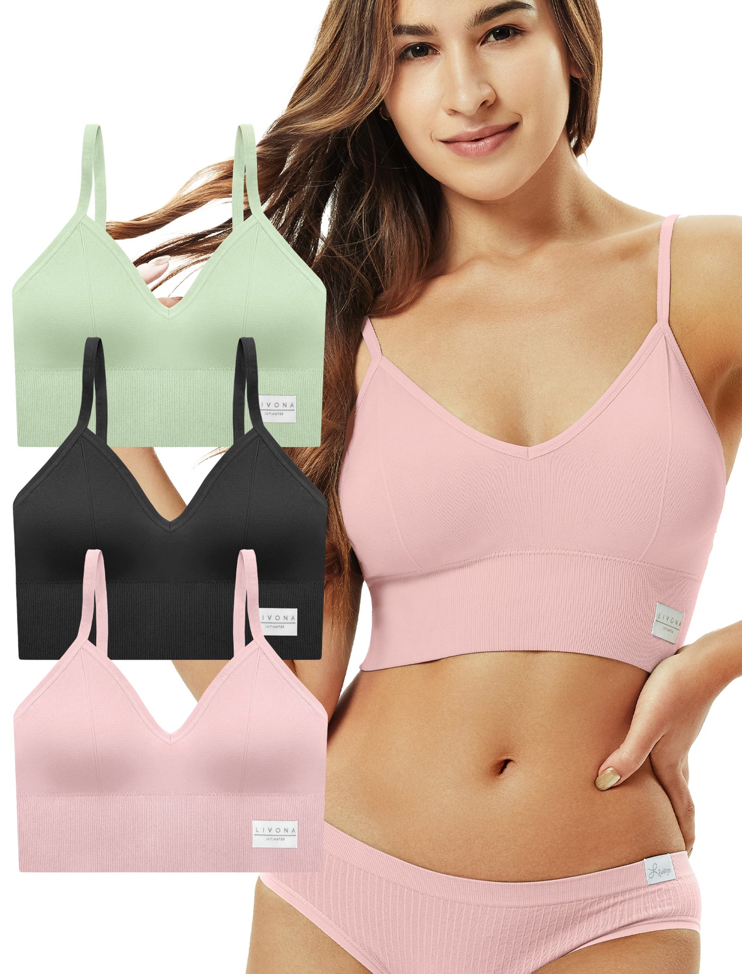 LIVONA 3 Pack Women's Seamless Sports Bra V-Neck Wirefree with Removable Pads Everyday Soft Invisible Lounge Cami Bralette S-XXL