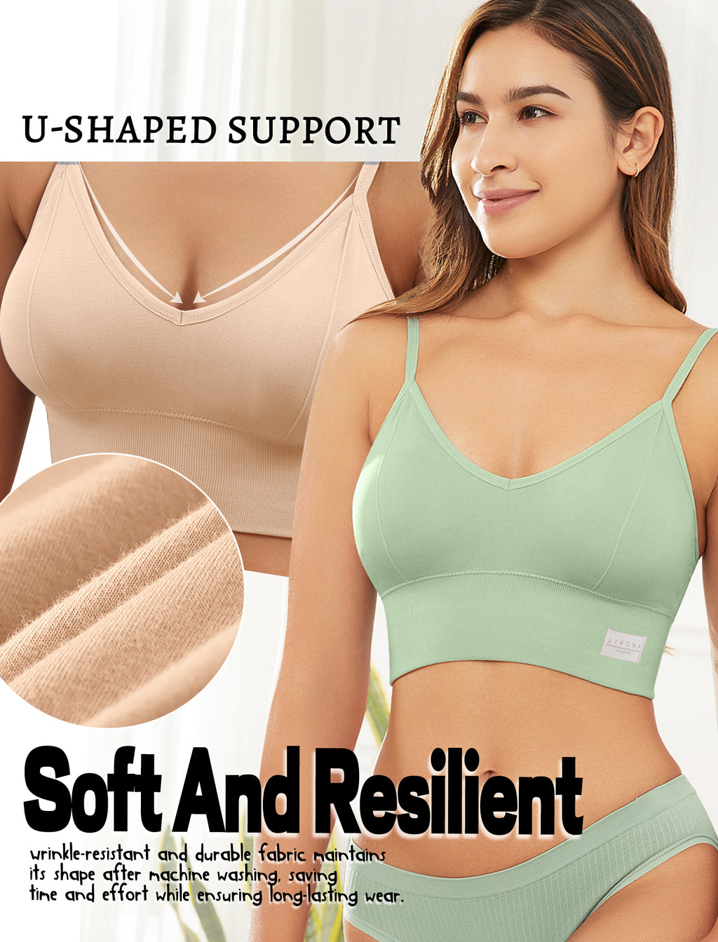 LIVONA 3 Pack Women's Seamless Sports Bra V-Neck Wirefree with Removable Pads Everyday Soft Invisible Lounge Cami Bralette S-XXL