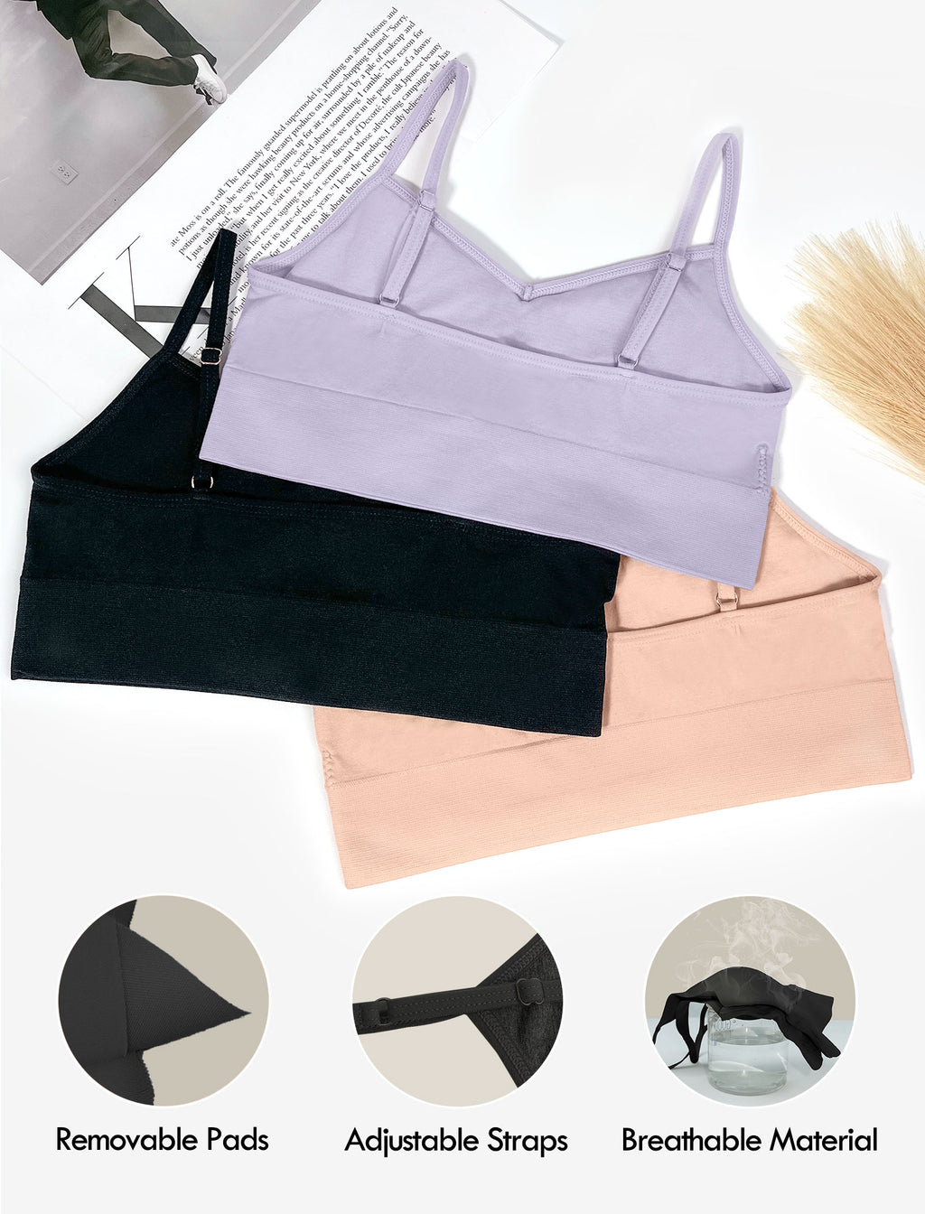 Livona 3 Pack Training Bras for Girls-Sports Bra, Fitness Bra, Padded Everyday Bra Bralette,Crop Cami Tank Top (6-14)