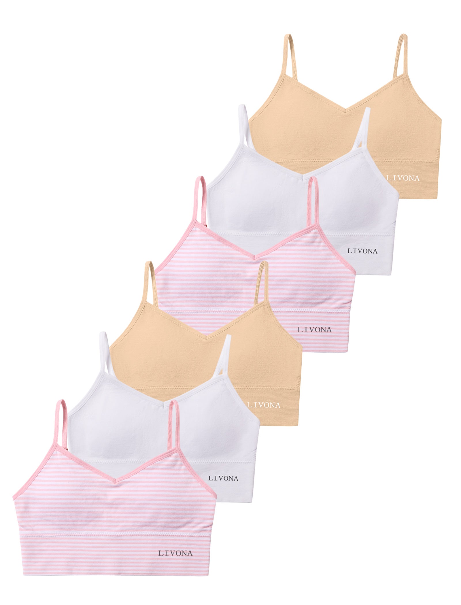 Livona 6 Pack Training Bras for Girls-Sports Bra, Fitness Bra, Padded Everyday Bra Bralette,Crop Cami Tank Top (6-14)