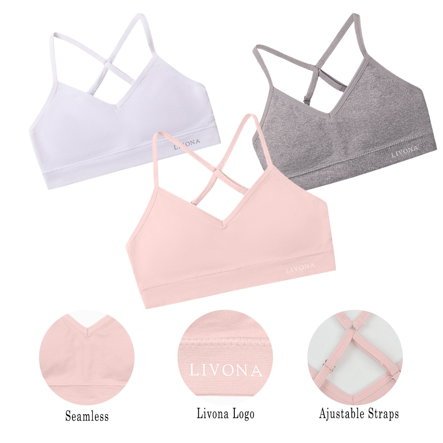 Livona Racerback Training Bra for Girls- 3 Pack Seamless Sports Bra, Padded Everyday Bra Bralette,Crop Cami Tank Top (6-14)