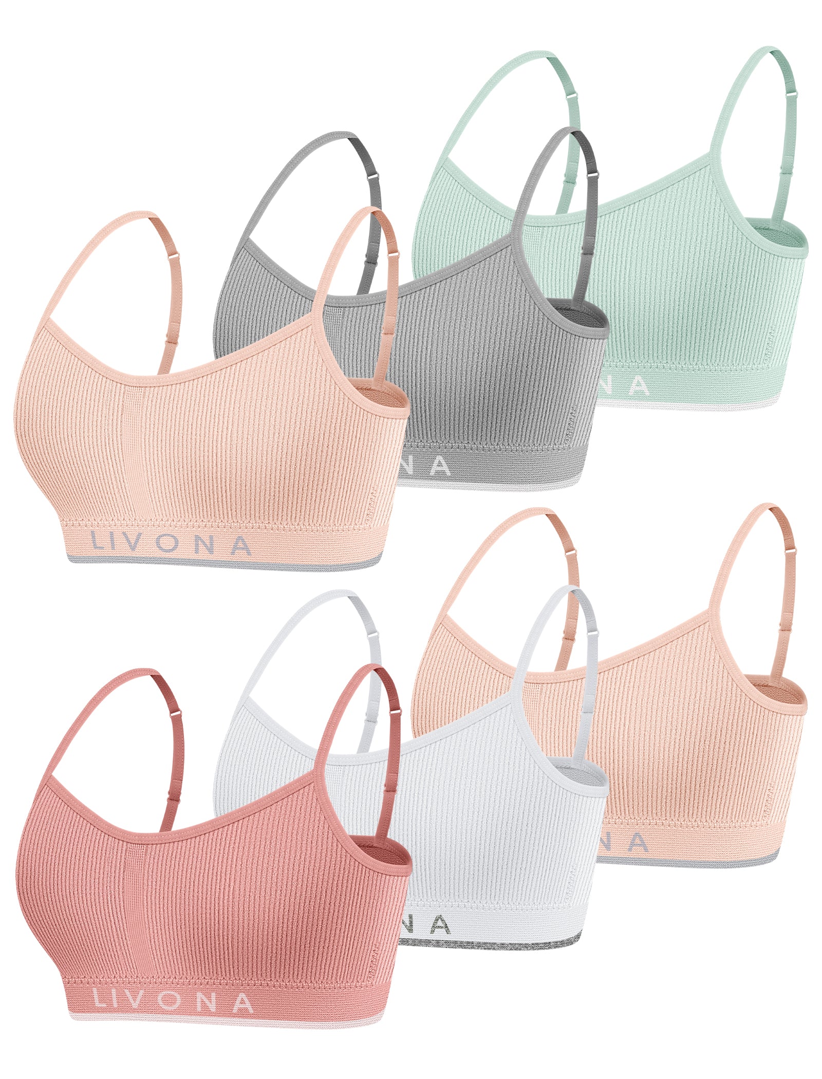 Livona 6 Pack Training Bras for Girls-Sports Bra for Teen Ribbed Wireless Bralette Fitness Padded Crop Cami Tank Top(6-14)