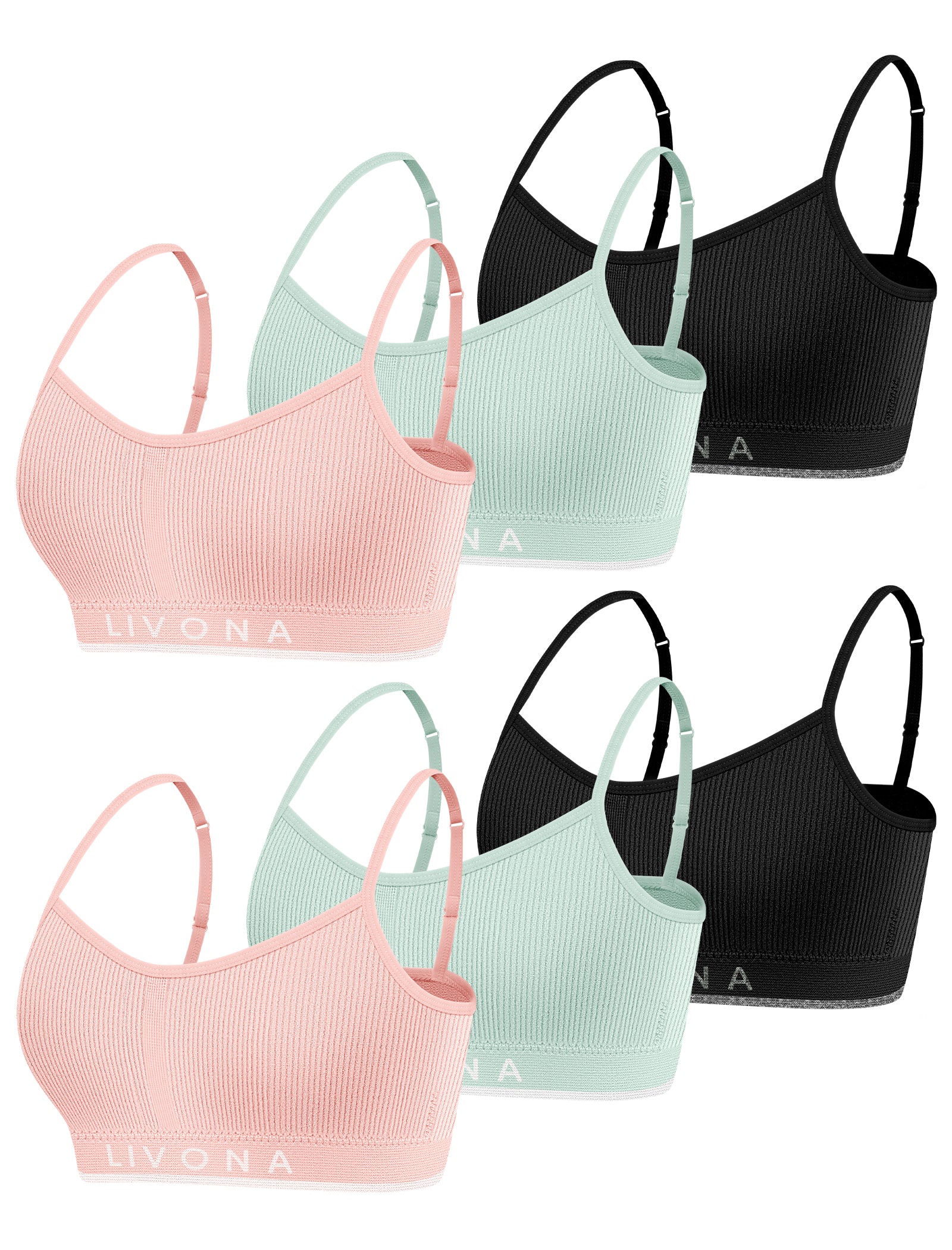 Livona 6 Pack Training Bras for Girls-Sports Bra for Teen Ribbed Wireless Bralette Fitness Padded Crop Cami Tank Top(6-14)