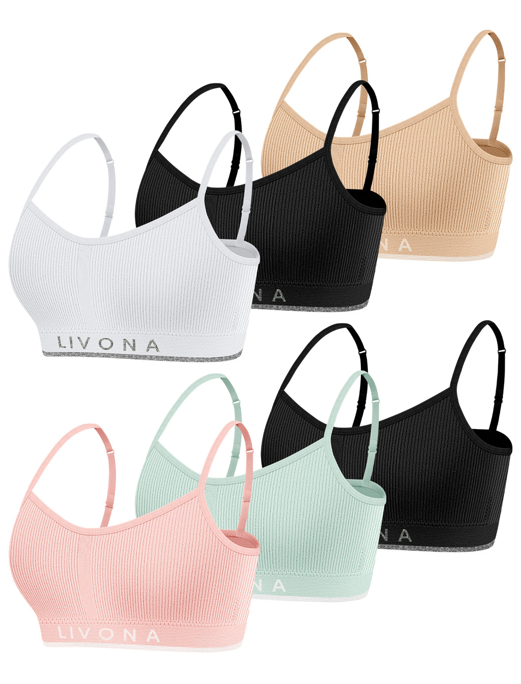 Livona 6 Pack Training Bras for Girls-Sports Bra for Teen Ribbed Wireless Bralette Fitness Padded Crop Cami Tank Top(6-14)