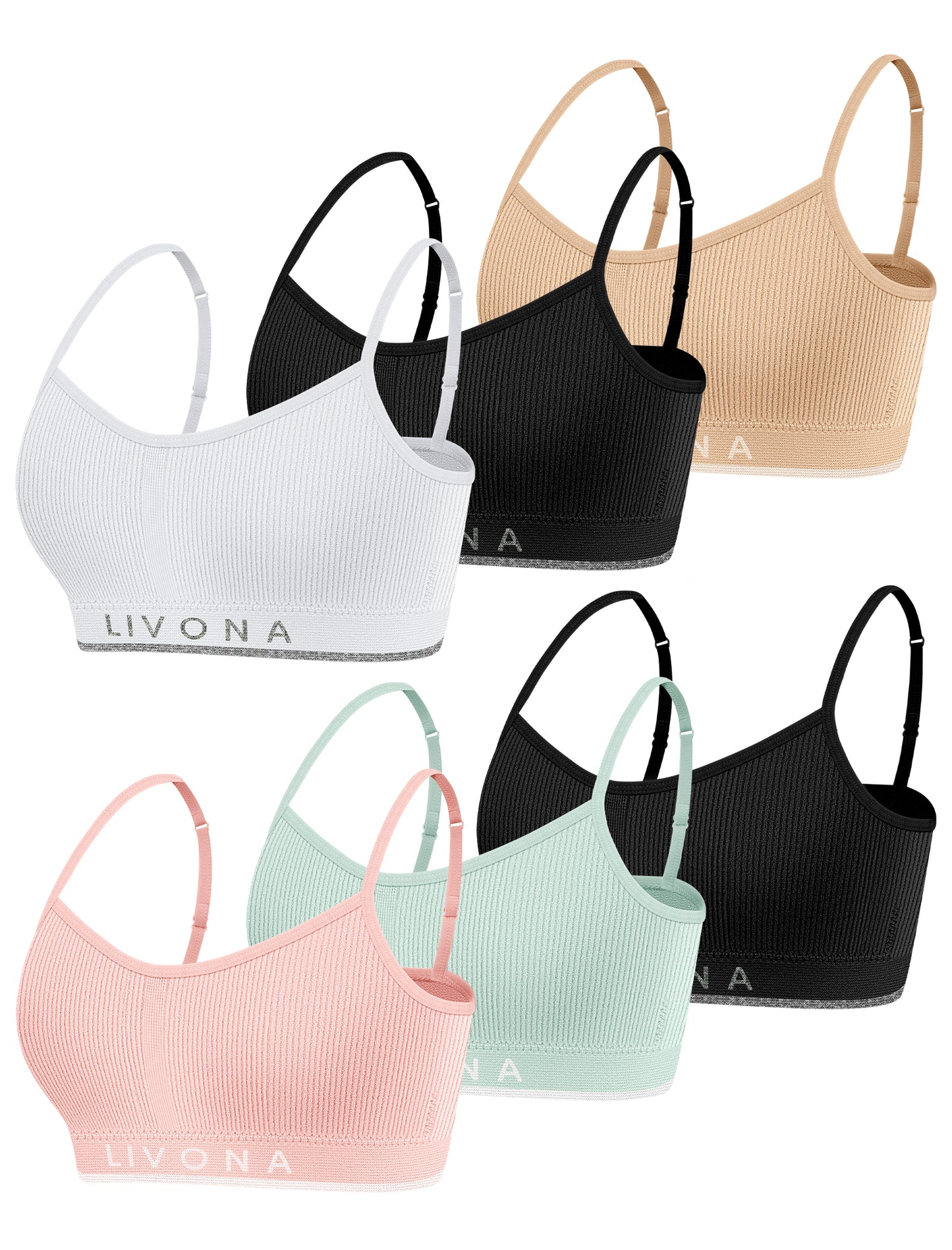 Livona 6 Pack Training Bras for Girls-Sports Bra for Teen Ribbed Wireless Bralette Fitness Padded Crop Cami Tank Top(6-14)