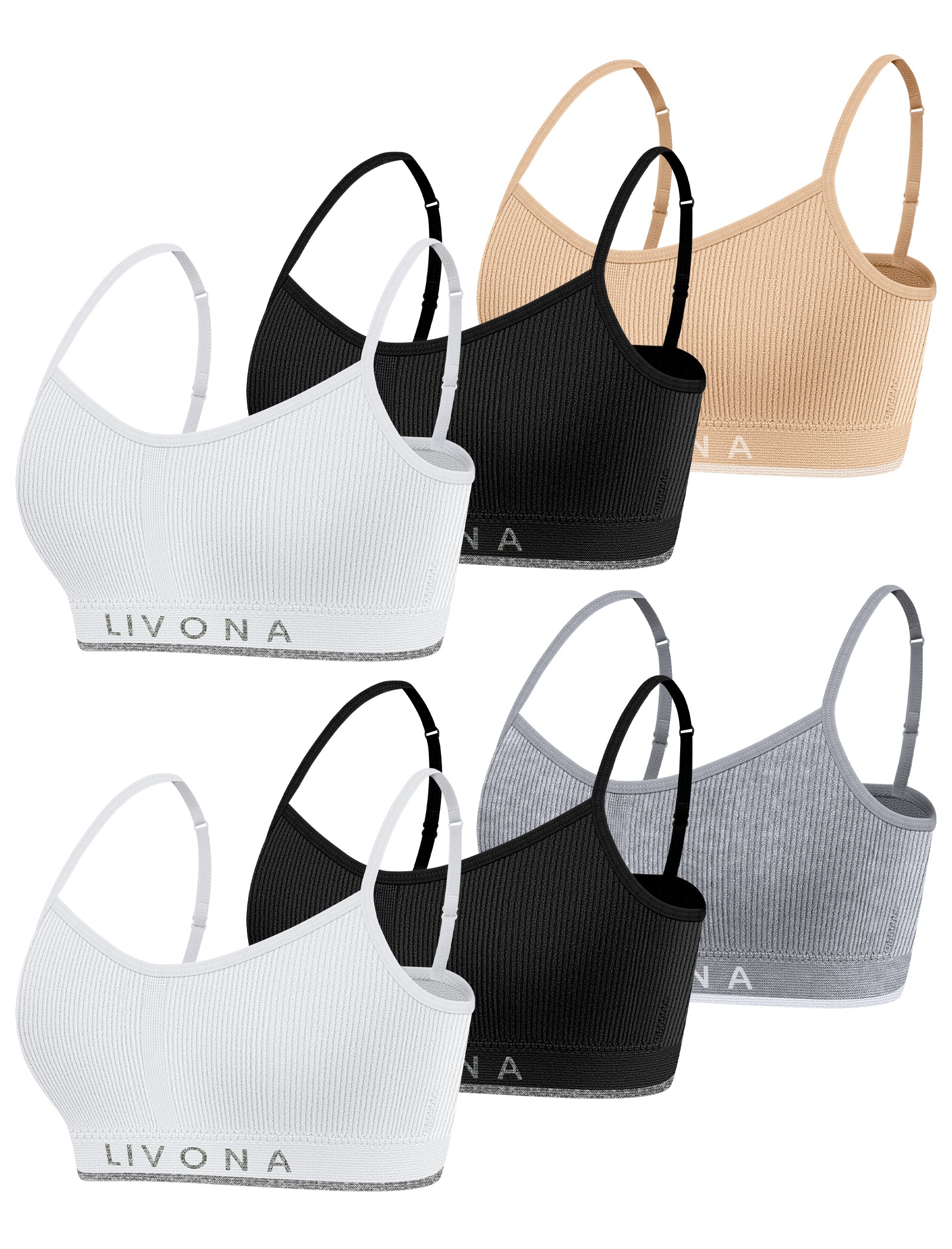 Livona 6 Pack Training Bras for Girls-Sports Bra for Teen Ribbed Wireless Bralette Fitness Padded Crop Cami Tank Top(6-14)
