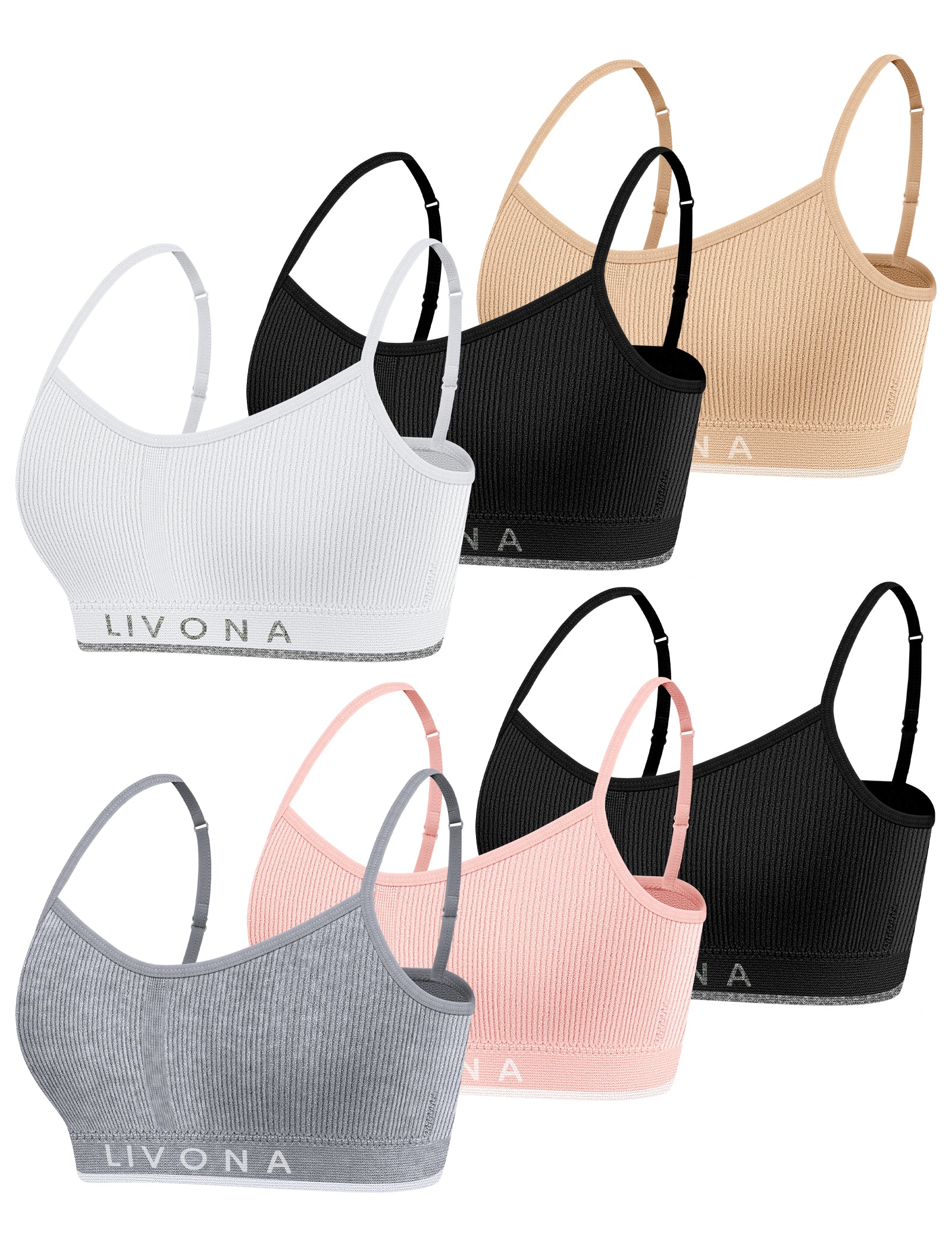 Livona 6 Pack Training Bras for Girls-Sports Bra for Teen Ribbed Wireless Bralette Fitness Padded Crop Cami Tank Top(6-14)