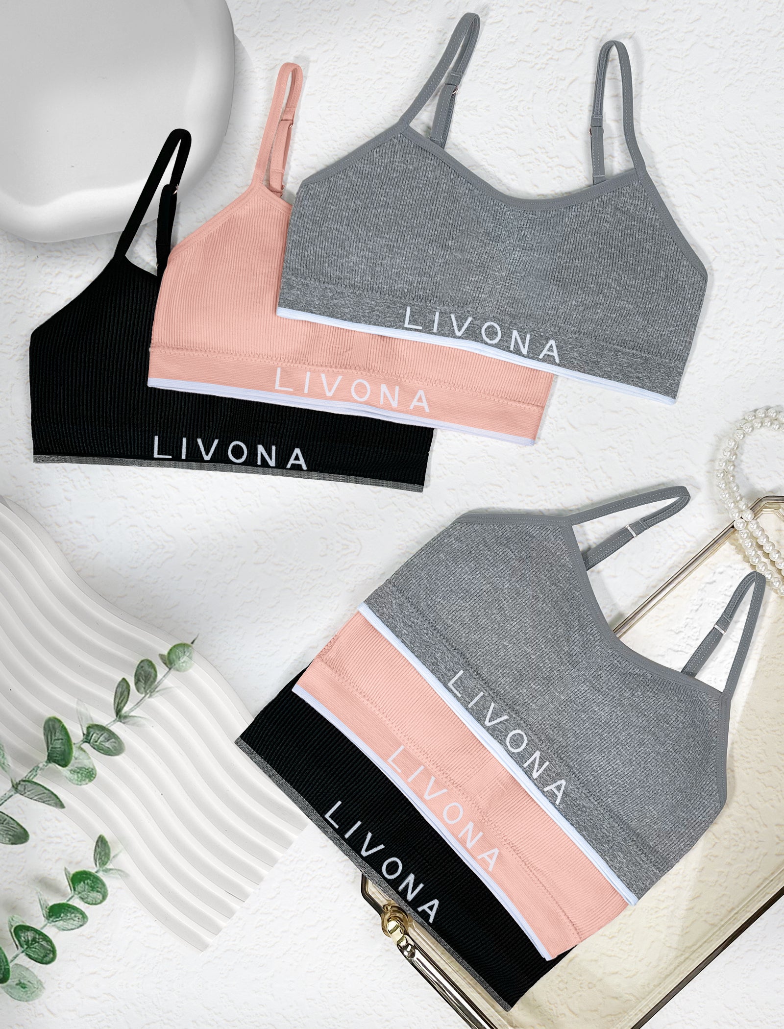Livona 3 Pack Training Bras for Girls-Sports Bra for Teen Ribbed Wireless Bralette Fitness Padded Crop Cami Tank Top(6-14)