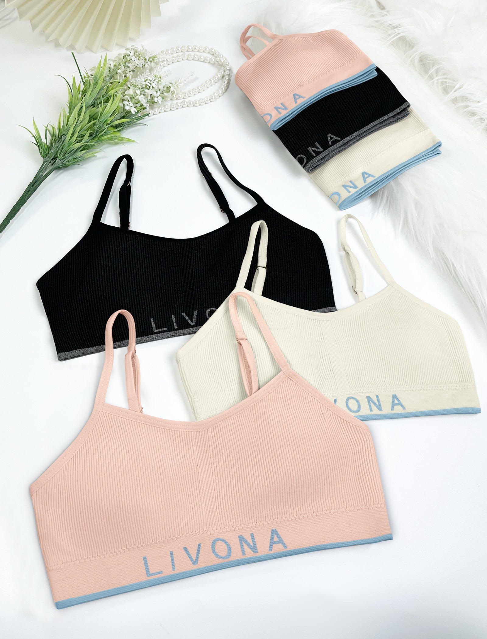 Livona 3 Pack Training Bras for Girls-Sports Bra for Teen Ribbed Wireless Bralette Fitness Padded Crop Cami Tank Top(6-14)