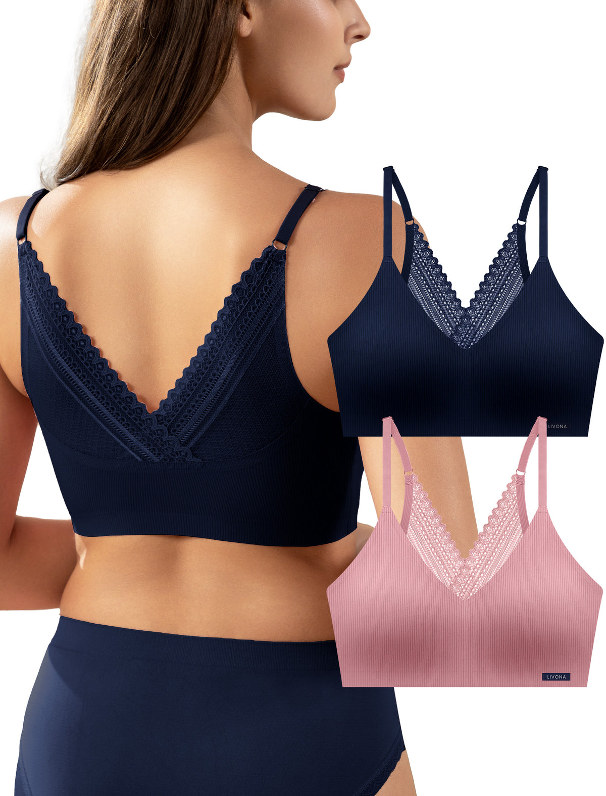 Livona Wireless Bras for Women - 2 Pack Comfort Bralettes with Support Adjustable Seamless Sports Bras Lace Cami Crop S-XXL