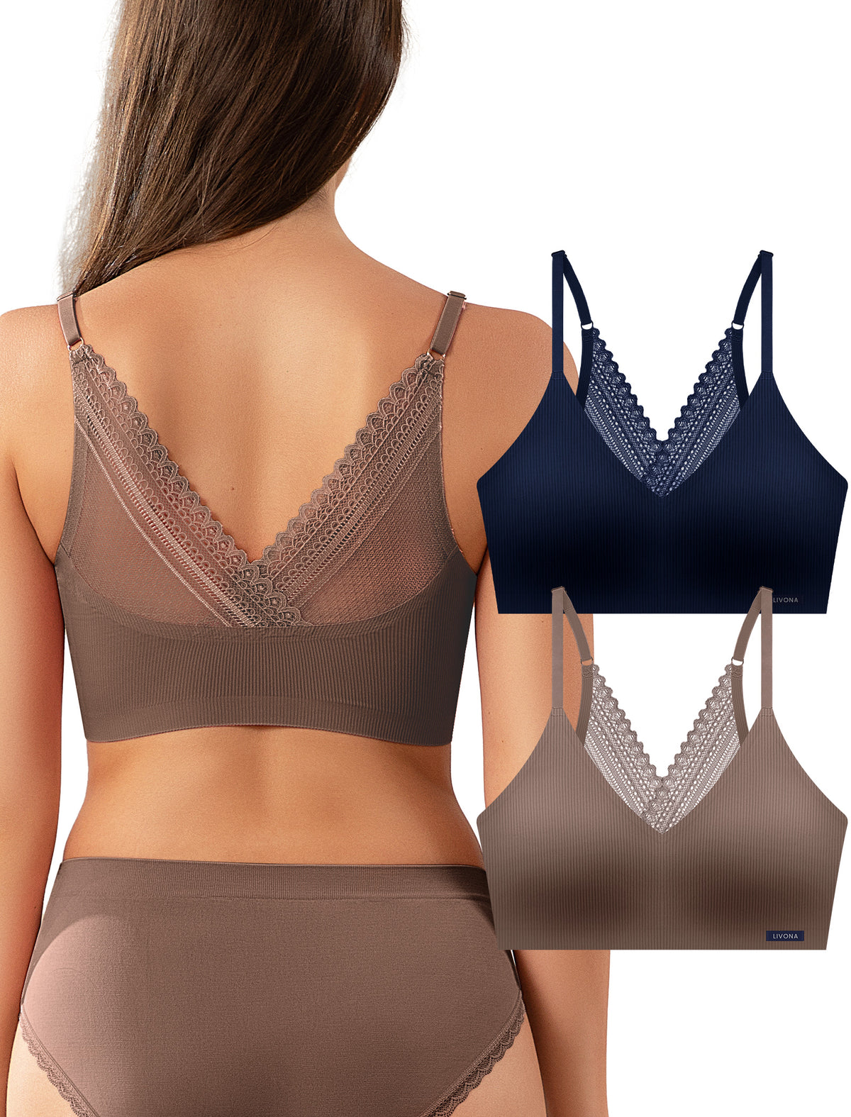 Livona Wireless Bras for Women - 2 Pack Comfort Bralettes with Support Adjustable Seamless Sports Bras Lace Cami Crop S-XXL