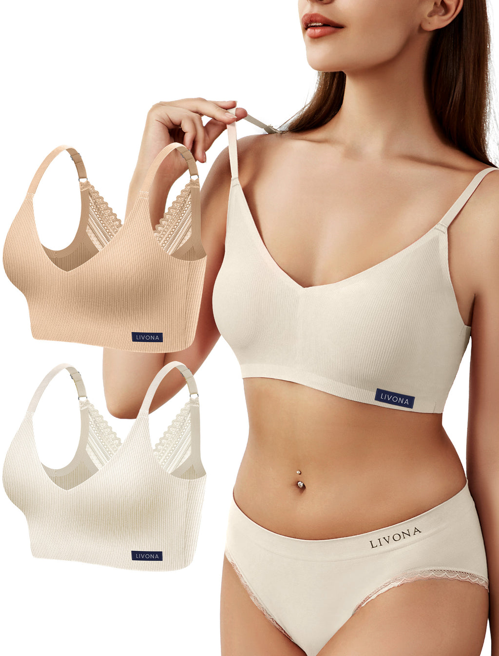 Livona Wireless Bras for Women - 2 Pack Comfort Bralettes with Support Adjustable Seamless Sports Bras Lace Cami Crop S-XXL