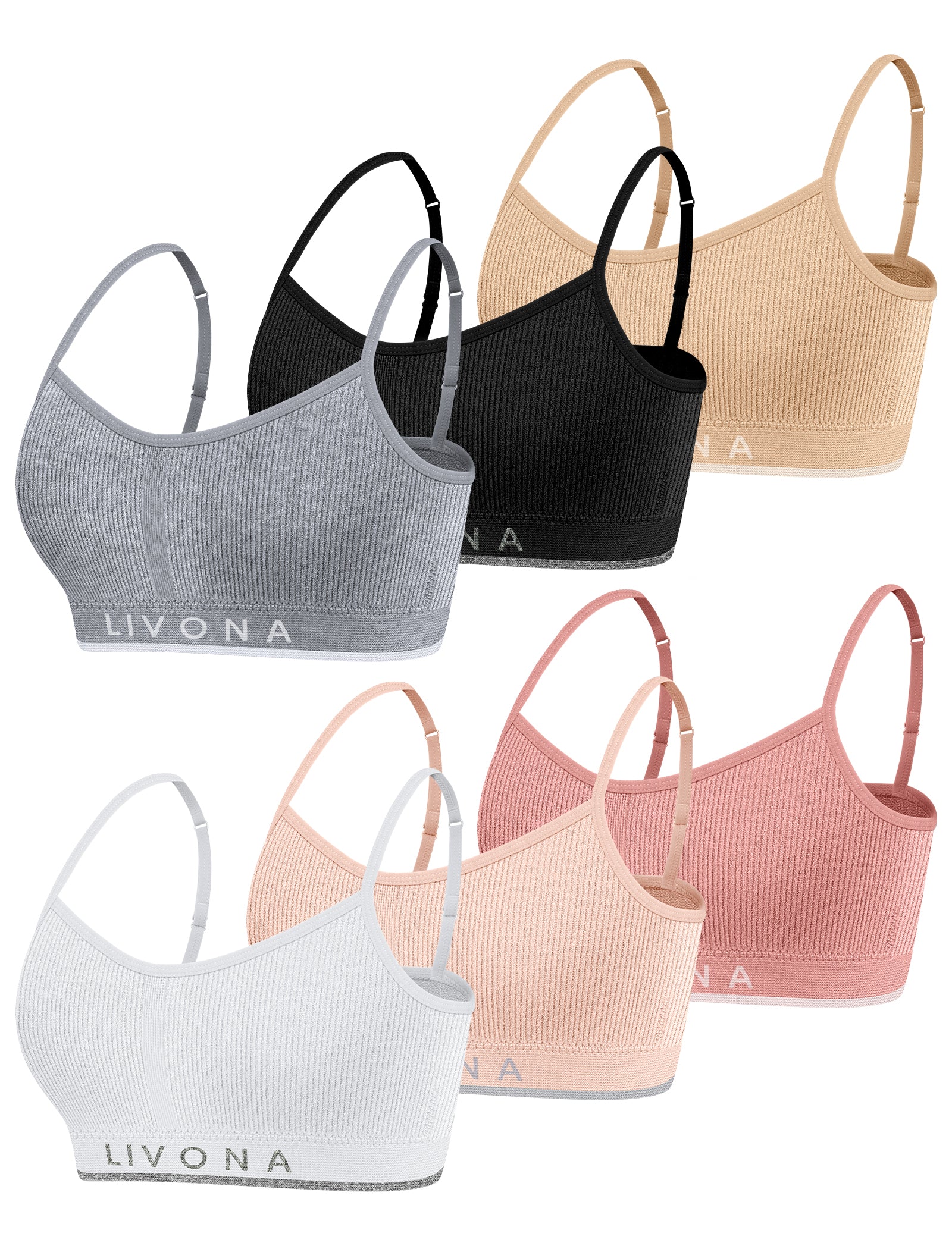 Livona 6 Pack Training Bras for Girls-Sports Bra for Teen Ribbed Wireless Bralette Fitness Padded Crop Cami Tank Top(6-14)