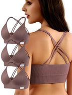 4Leezy Sports Bras for Women - 3 Pack Ribbed Wireless Soft Workout Tops Padded Bralettes Racerback Comfort Cami Crop S-XXL