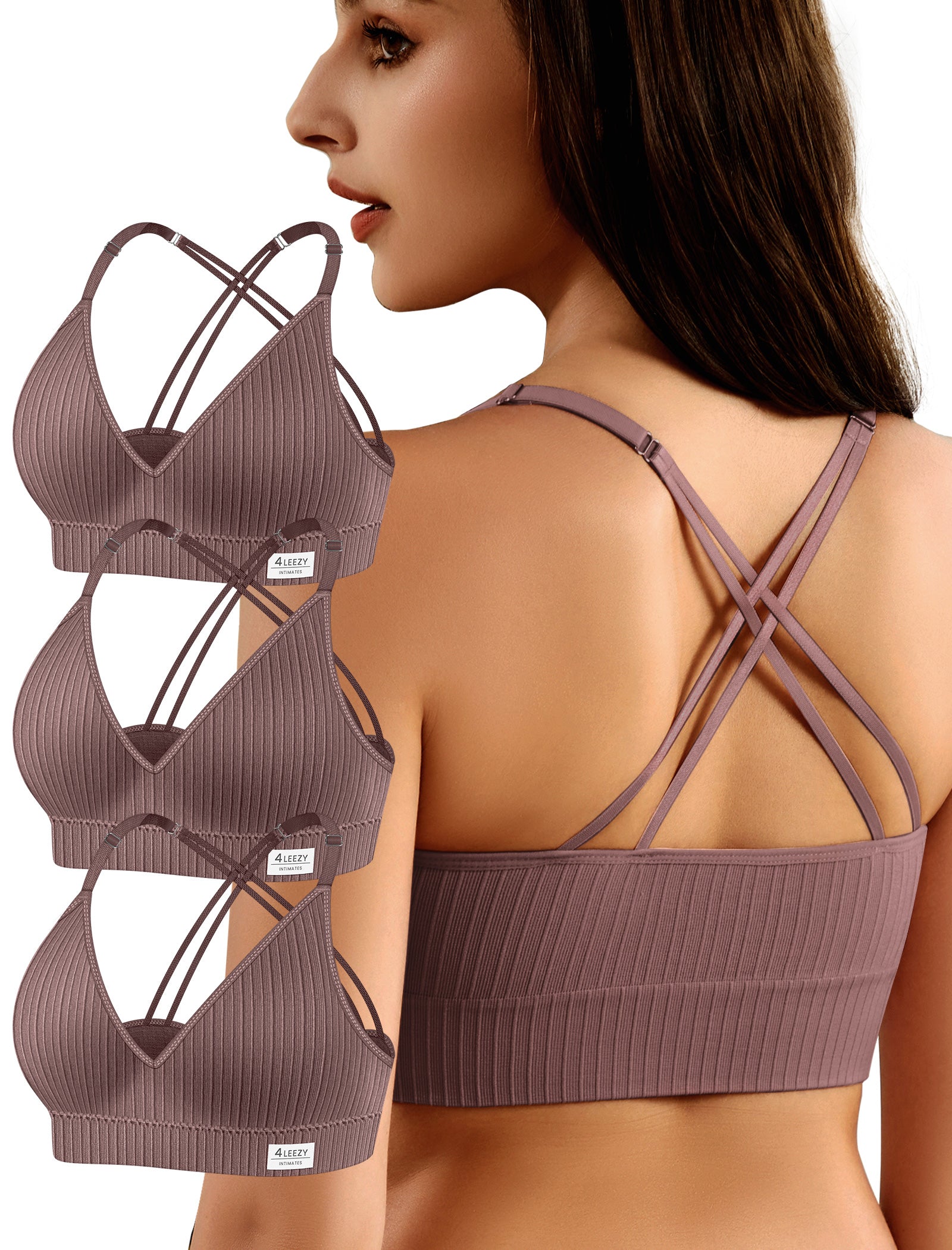 4Leezy Sports Bras for Women - 3 Pack Ribbed Wireless Soft Workout Tops Padded Bralettes Racerback Comfort Cami Crop S-XXL