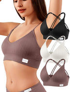 4Leezy Sports Bras for Women - 3 Pack Ribbed Wireless Soft Workout Tops Padded Bralettes Racerback Comfort Cami Crop S-XXL