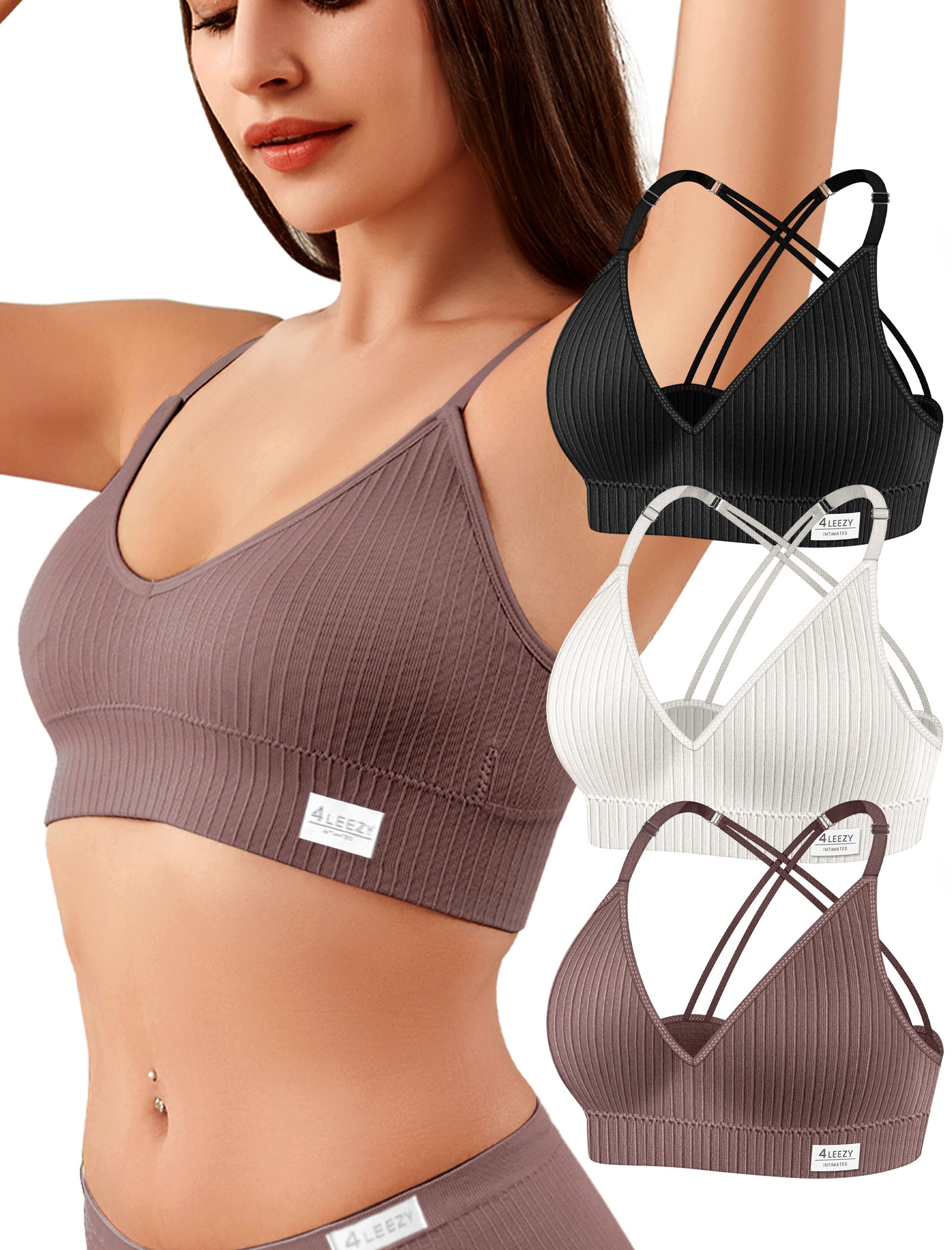4Leezy Sports Bras for Women - 3 Pack Ribbed Wireless Soft Workout Tops Padded Bralettes Racerback Comfort Cami Crop S-XXL