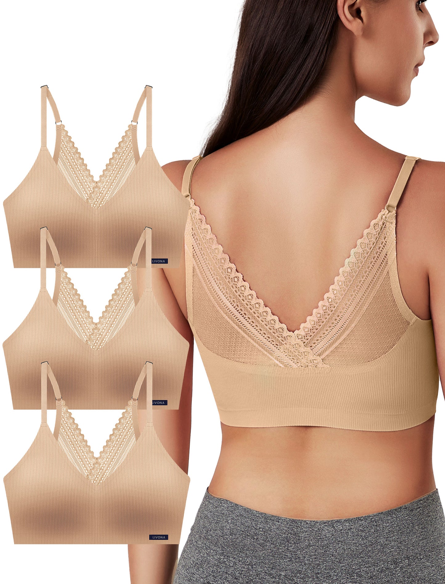 Livona Lace Bralette for Women - Comfort Sports Bra Wireless Padded Bralette with Support Workout Tops Cami Crop S-XXL
