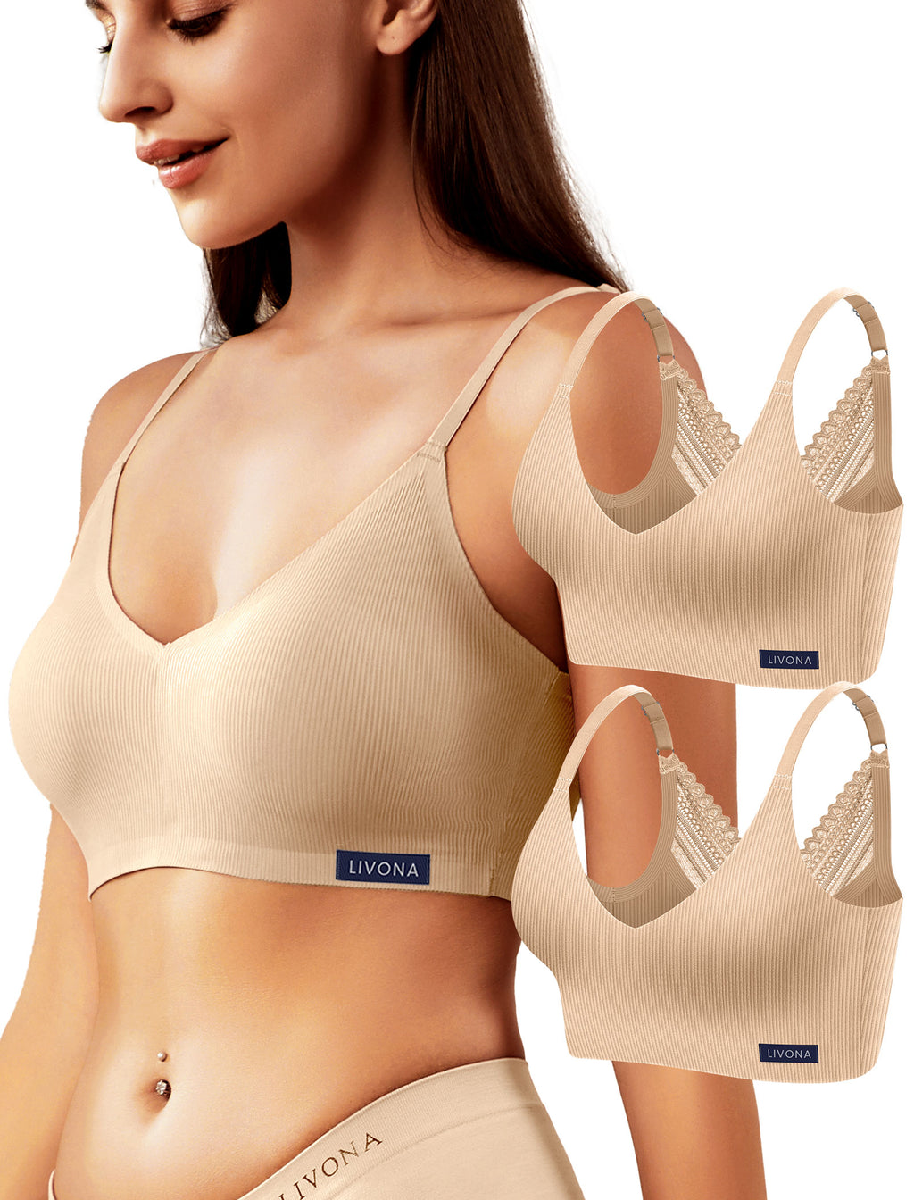 Livona Wireless Bras for Women - 2 Pack Comfort Bralettes with Support Adjustable Seamless Sports Bras Lace Cami Crop S-XXL