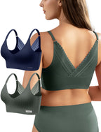 Livona Wireless Bras for Women - 2 Pack Comfort Bralettes with Support Adjustable Seamless Sports Bras Lace Cami Crop S-XXL