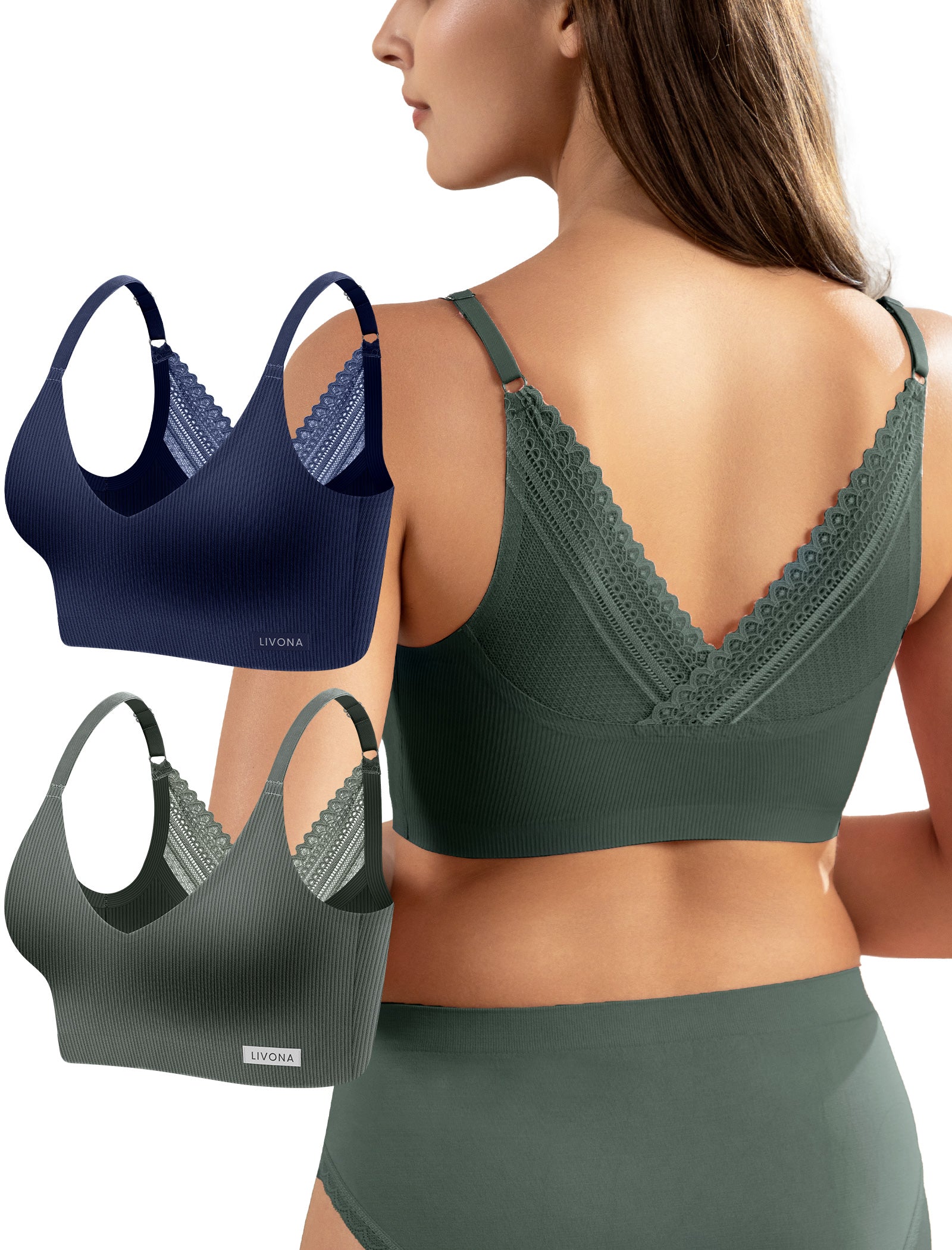 Livona Wireless Bras for Women - 2 Pack Comfort Bralettes with Support Adjustable Seamless Sports Bras Lace Cami Crop S-XXL