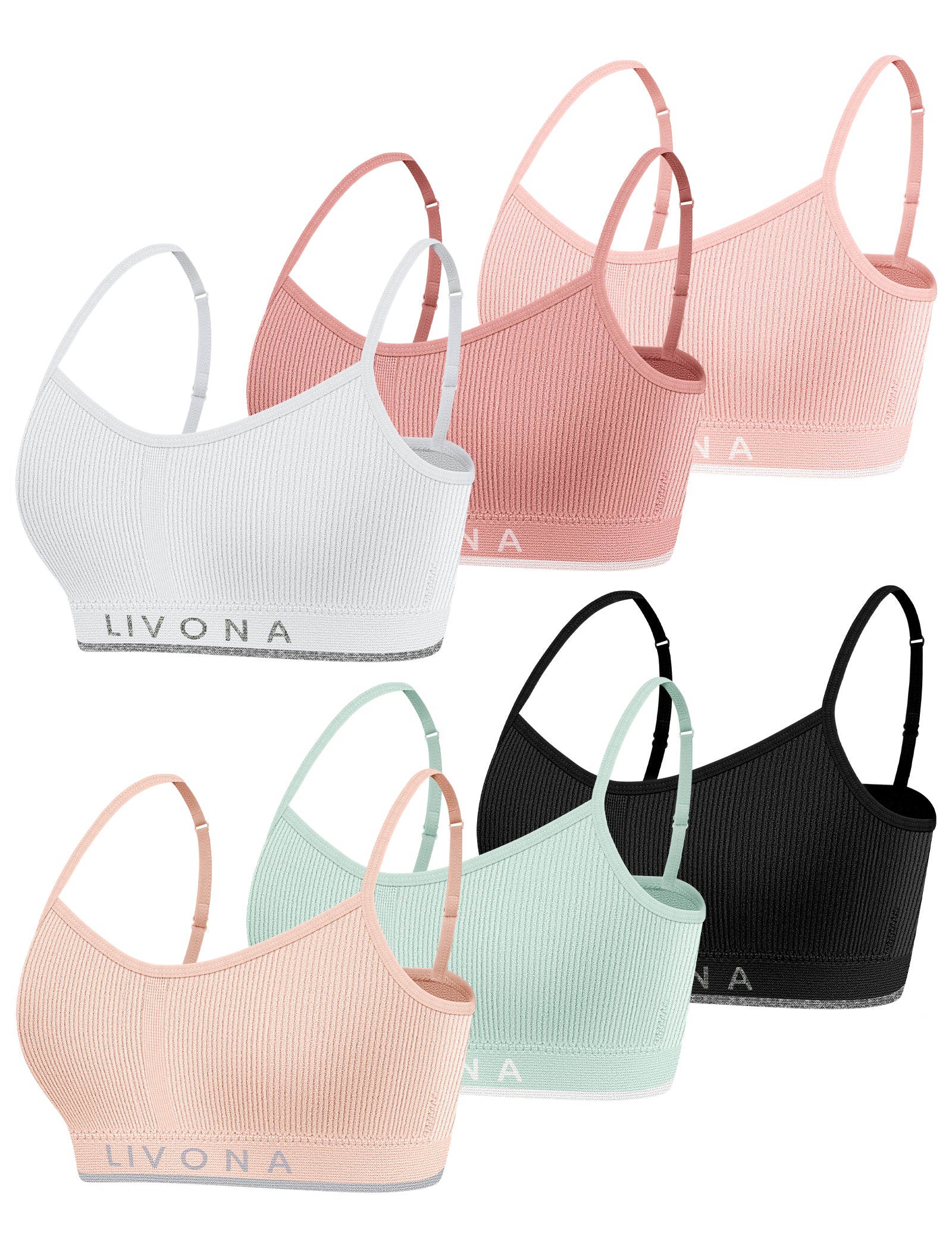 Livona 6 Pack Training Bras for Girls-Sports Bra for Teen Ribbed Wireless Bralette Fitness Padded Crop Cami Tank Top(6-14)
