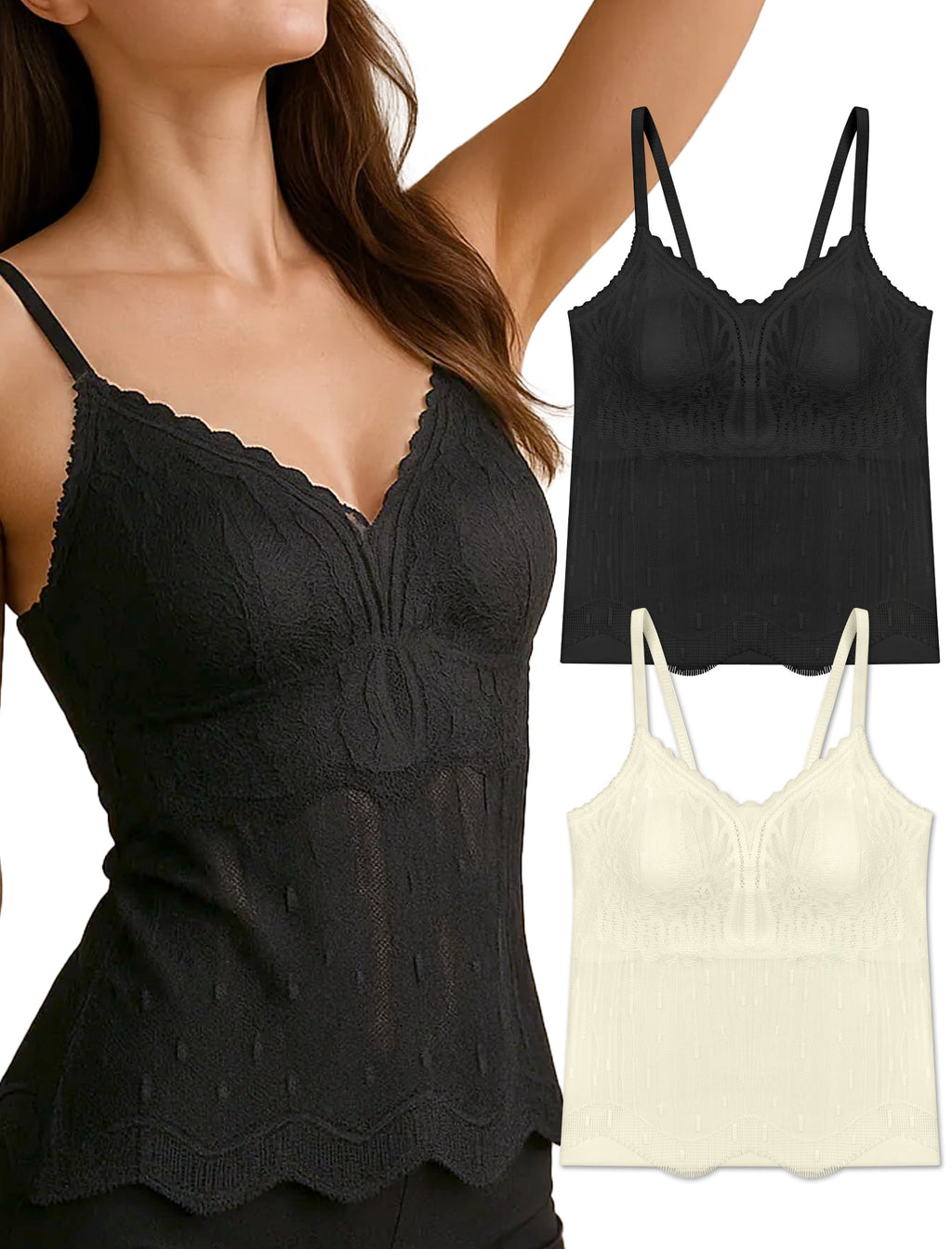 Livona Women's Lace Cami Top - Adjustable Spaghetti Straps Wireless Comfort Padded Tank for Sleep Lounge