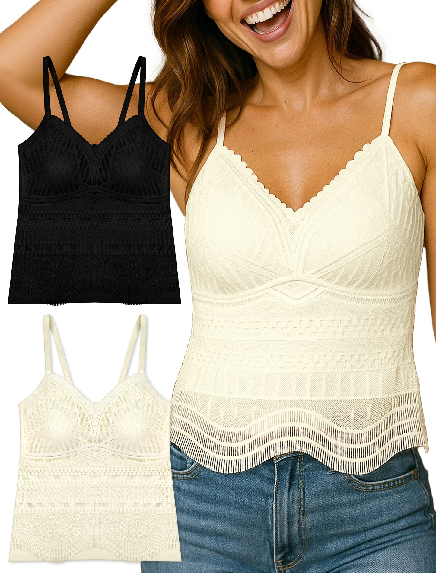 Livona Women's Lace Camisole with Built-in Bra, Wireless Comfort, Adjustable Spaghetti Straps – Soft Padded Tank Top