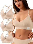 4Leezy Sports Bras for Women - 3 Pack Ribbed Wireless Soft Workout Tops Padded Bralettes Racerback Comfort Cami Crop S-XXL