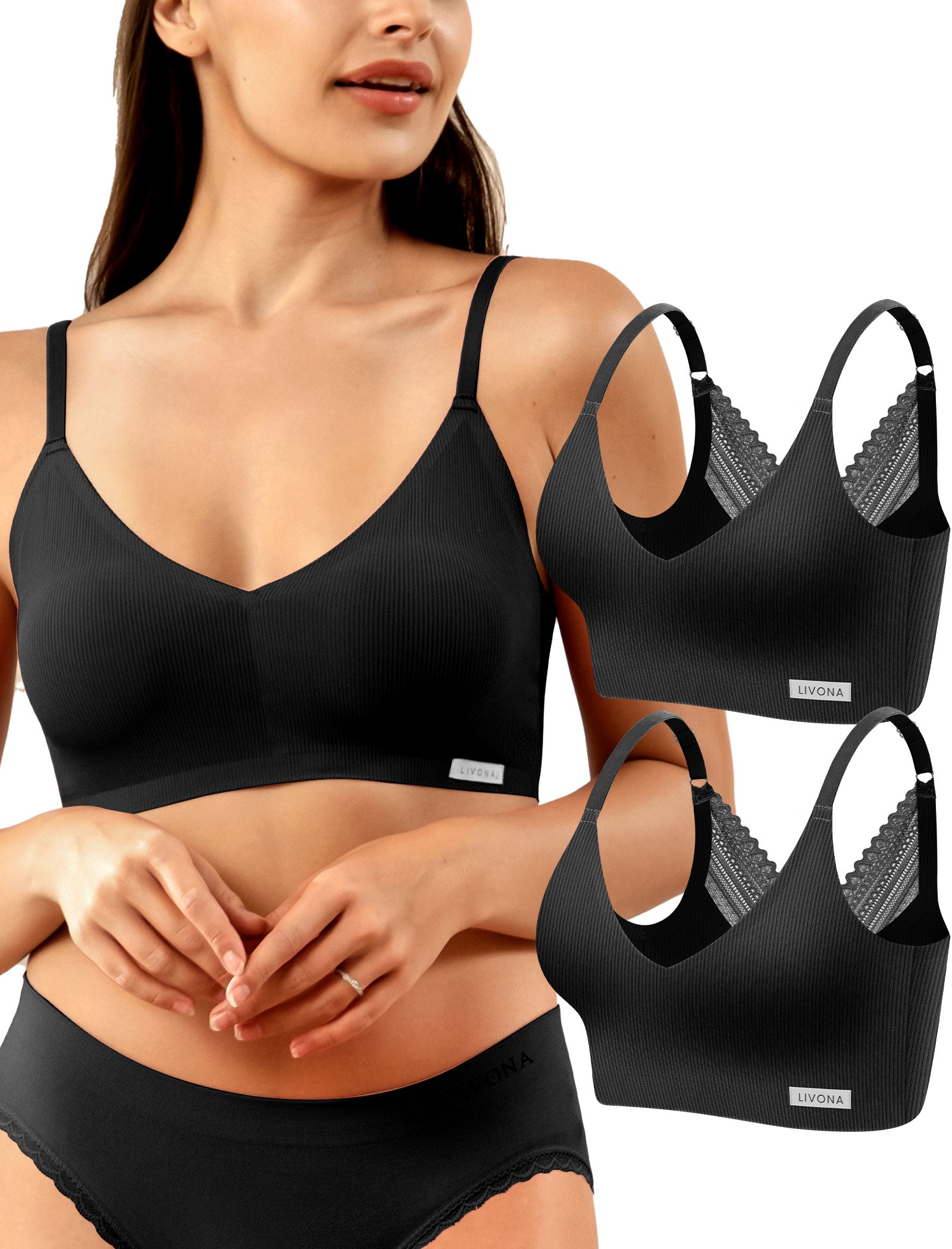 Livona Wireless Bras for Women - 2 Pack Comfort Bralettes with Support Adjustable Seamless Sports Bras Lace Cami Crop S-XXL