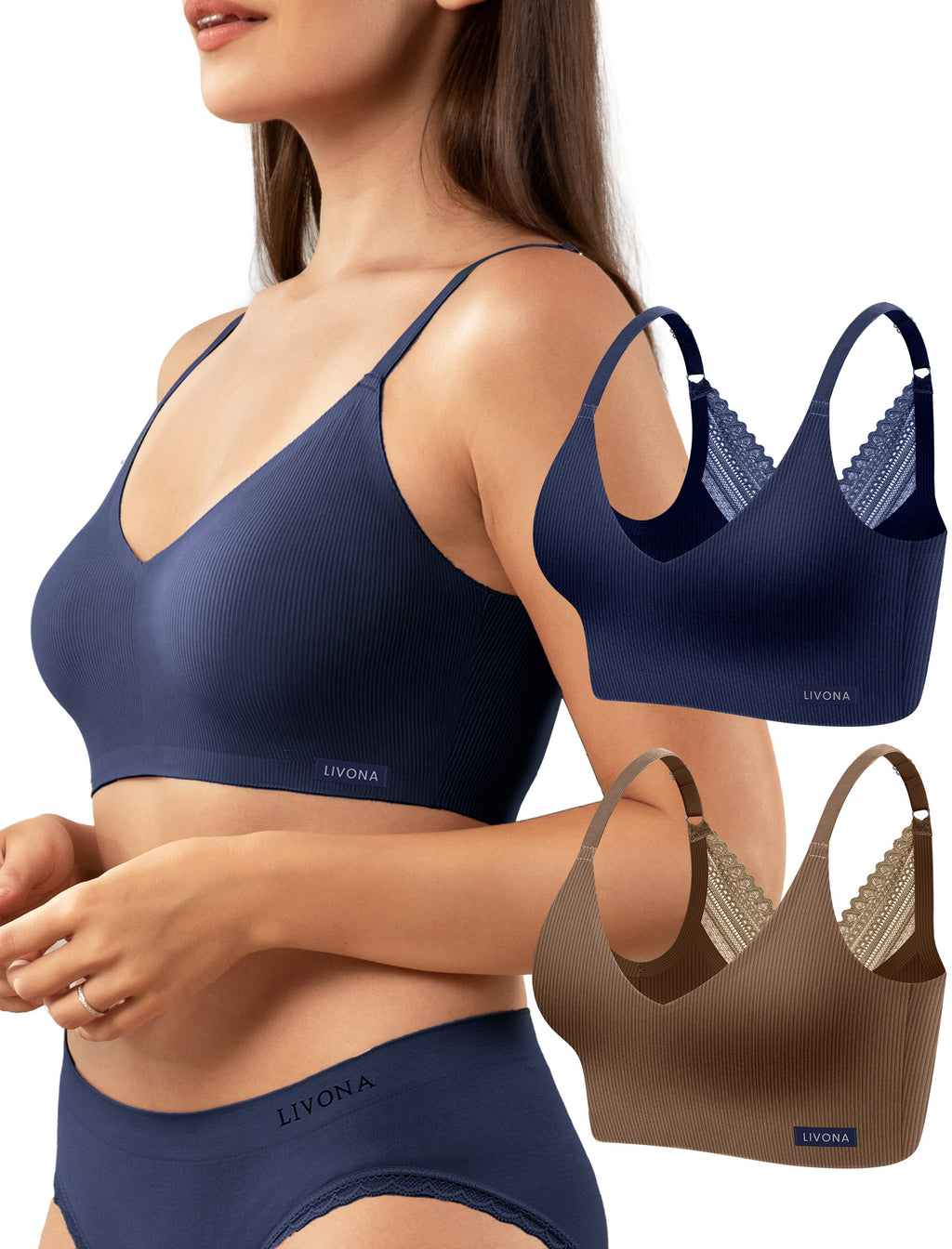 Livona Wireless Bras for Women - 2 Pack Comfort Bralettes with Support Adjustable Seamless Sports Bras Lace Cami Crop S-XXL