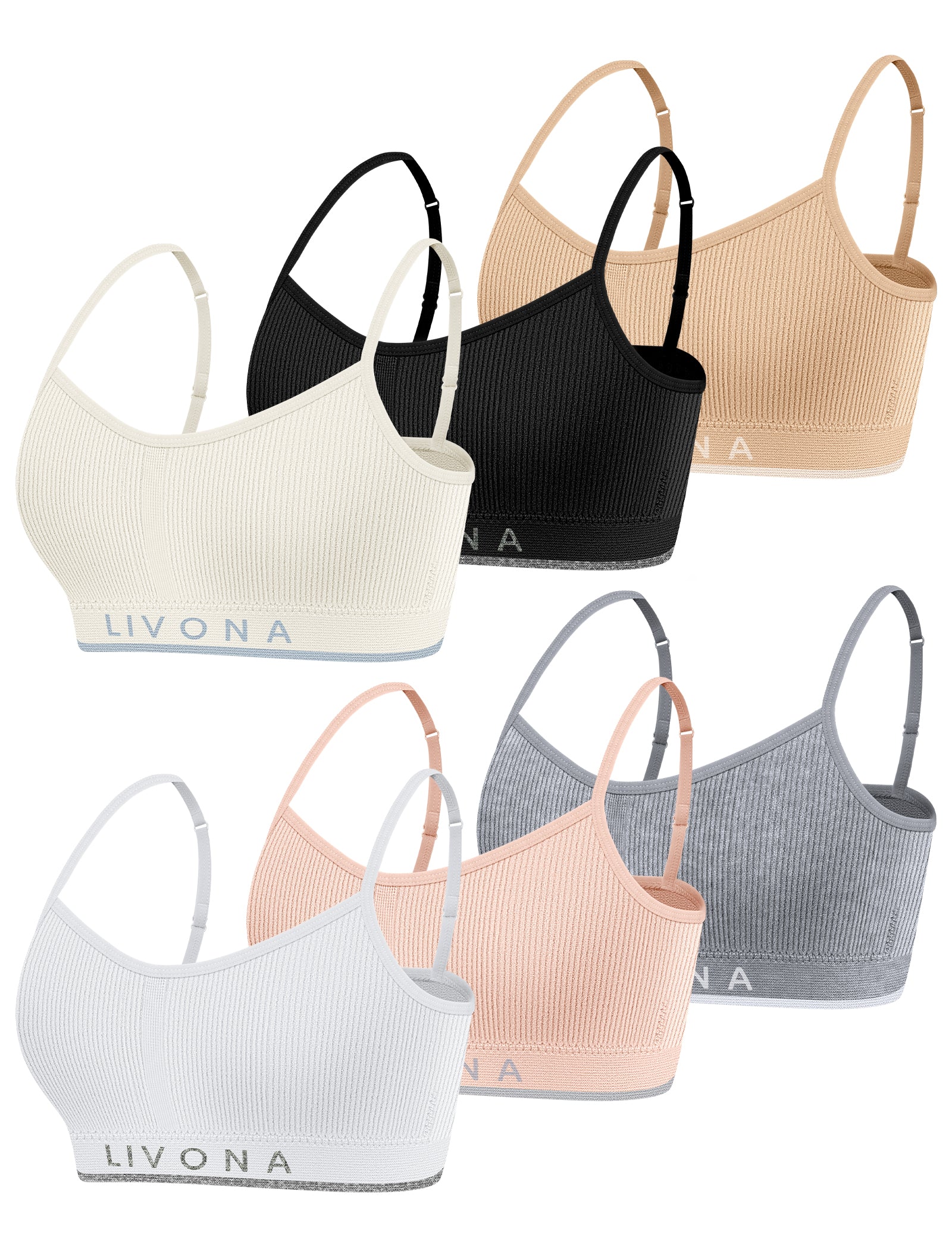 Livona 6 Pack Training Bras for Girls-Sports Bra for Teen Ribbed Wireless Bralette Fitness Padded Crop Cami Tank Top(6-14)