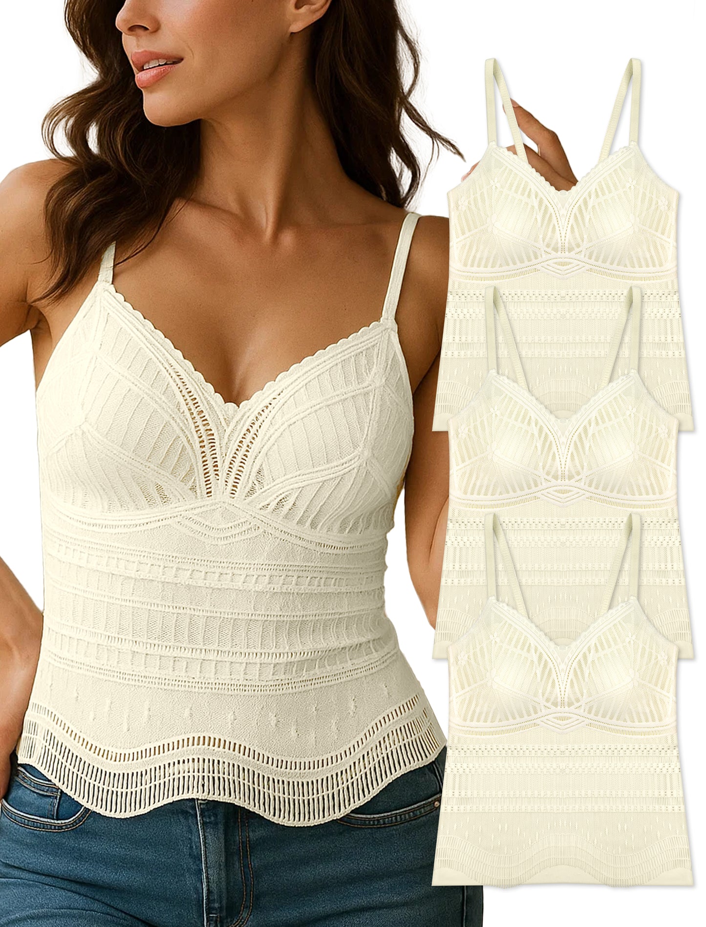 Livona Women's Lace Camisole with Built-in Bra, Wireless Comfort, Adjustable Spaghetti Straps – Soft Padded Tank Top