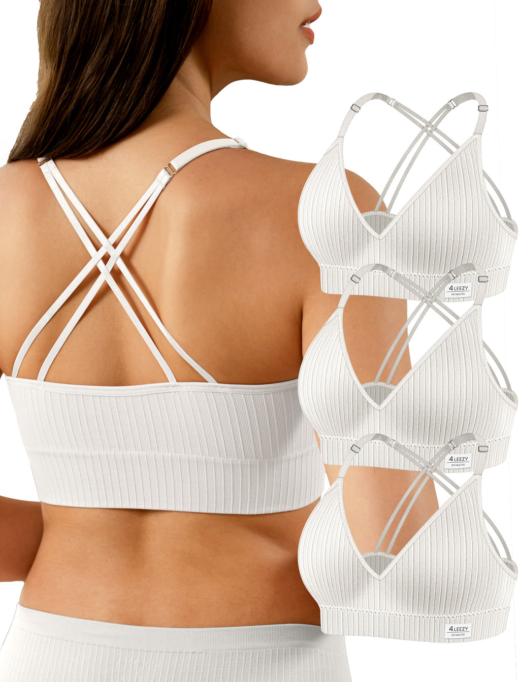 4Leezy Sports Bras for Women - 3 Pack Ribbed Wireless Soft Workout Tops Padded Bralettes Racerback Comfort Cami Crop S-XXL