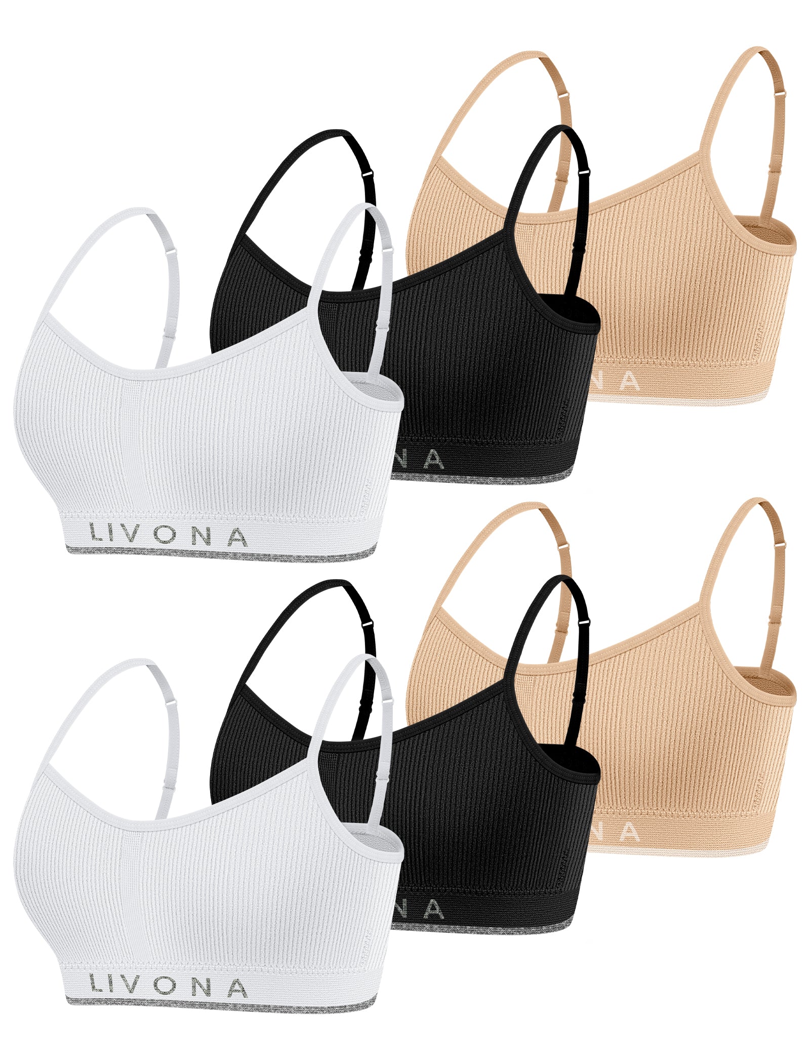 Livona 6 Pack Training Bras for Girls-Sports Bra for Teen Ribbed Wireless Bralette Fitness Padded Crop Cami Tank Top(6-14)